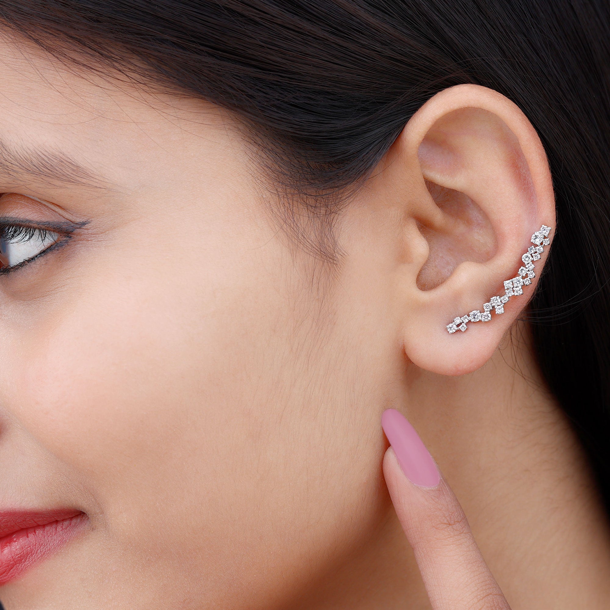 Certified Round Moissanite Cluster Climber Earring D-VS1 - Rosec Jewels