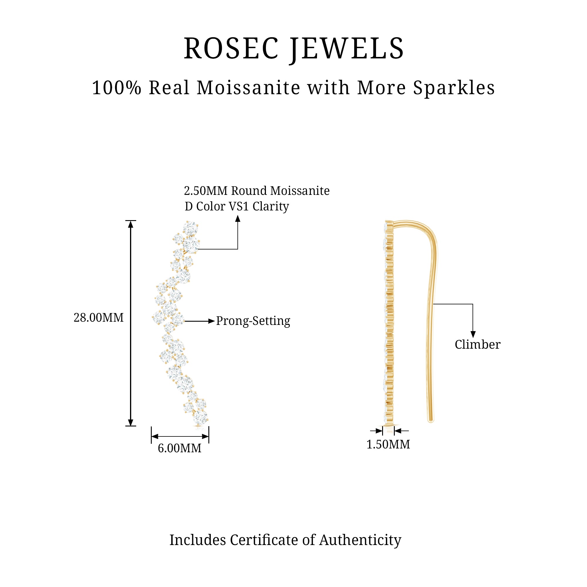 Certified Round Moissanite Cluster Climber Earring D-VS1 - Rosec Jewels