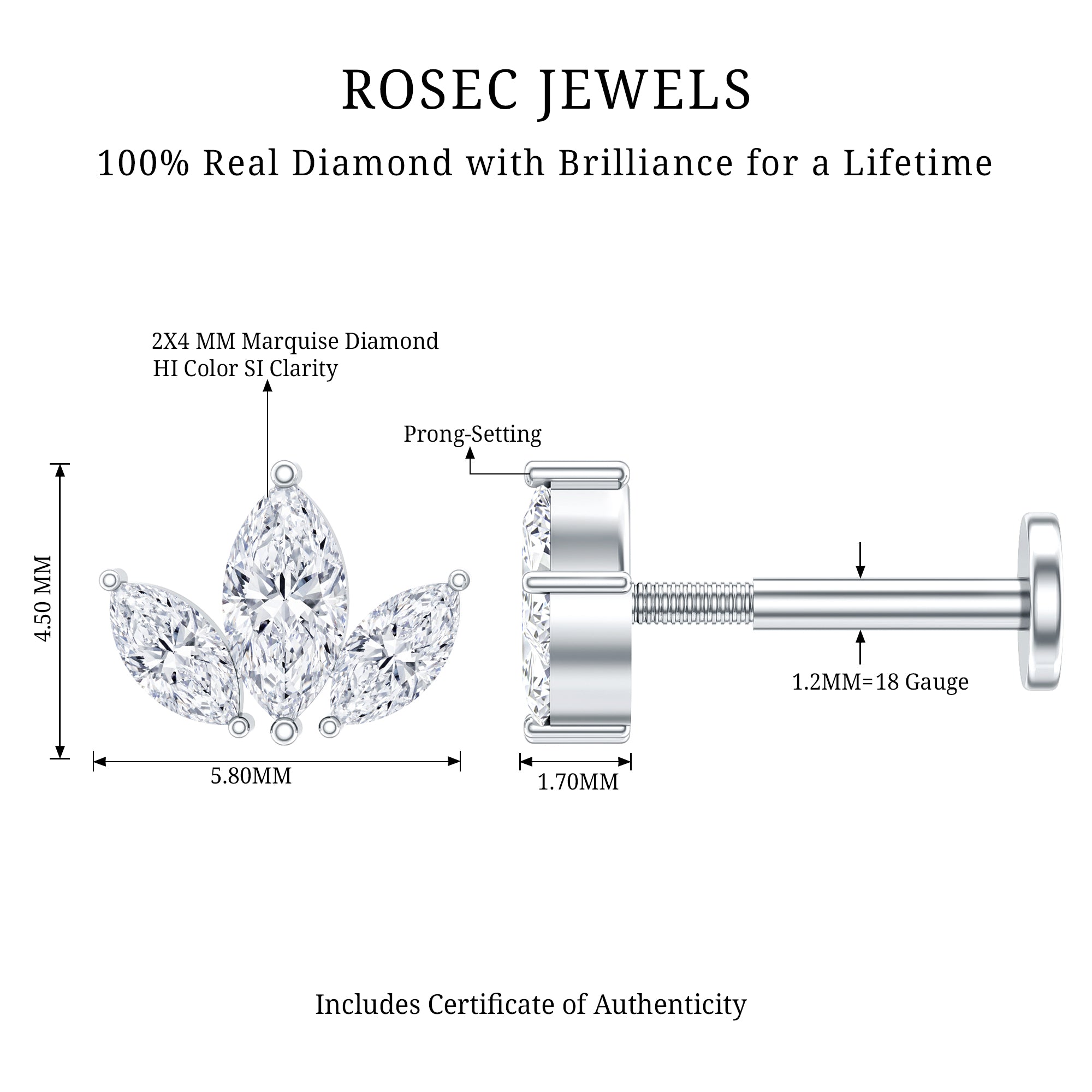 Marquise Cut Diamond Lotus Flower Earring for Helix Piercing Natural - ( HI-SI ) - Rosec Jewels