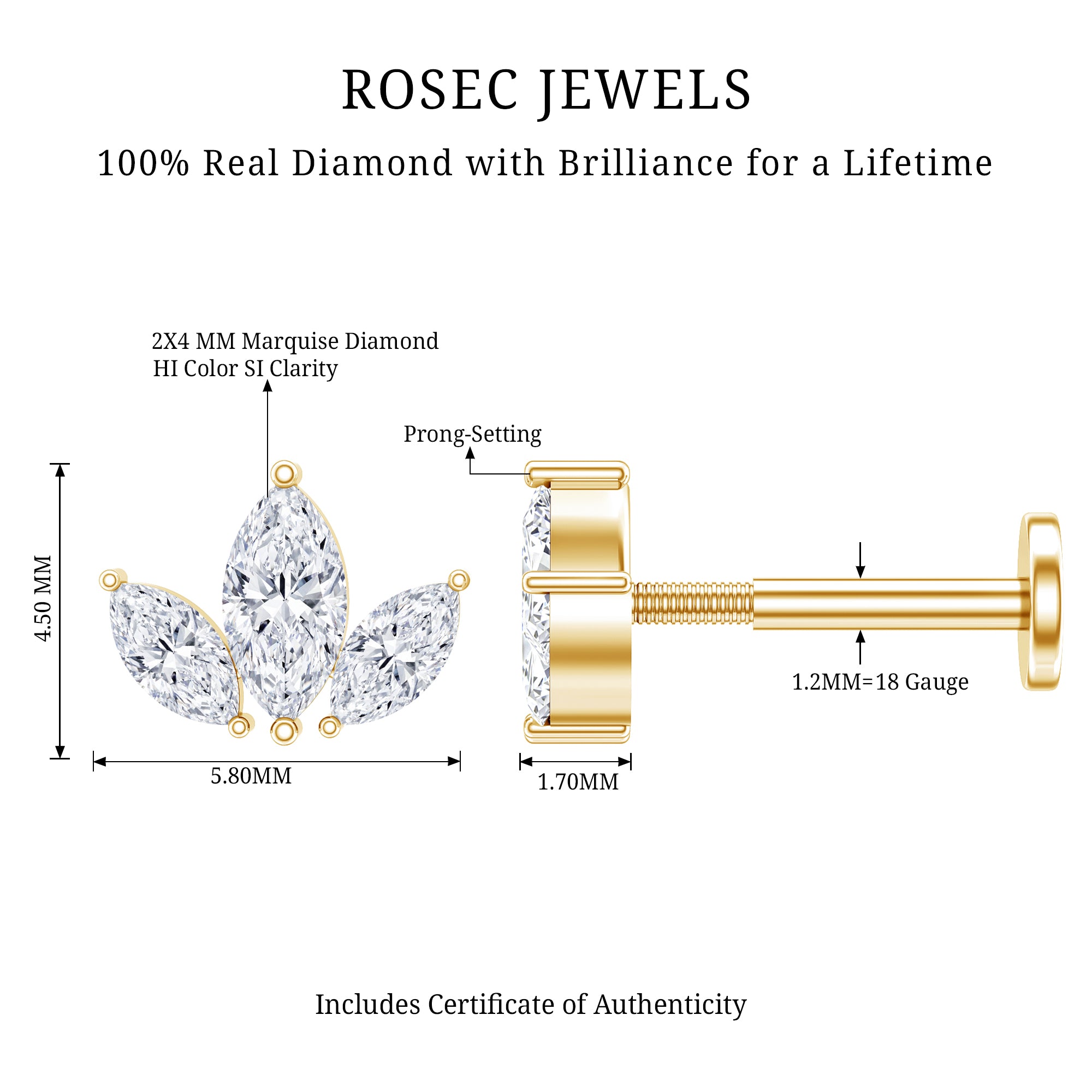 Marquise Cut Diamond Lotus Flower Earring for Helix Piercing Natural - ( HI-SI ) - Rosec Jewels