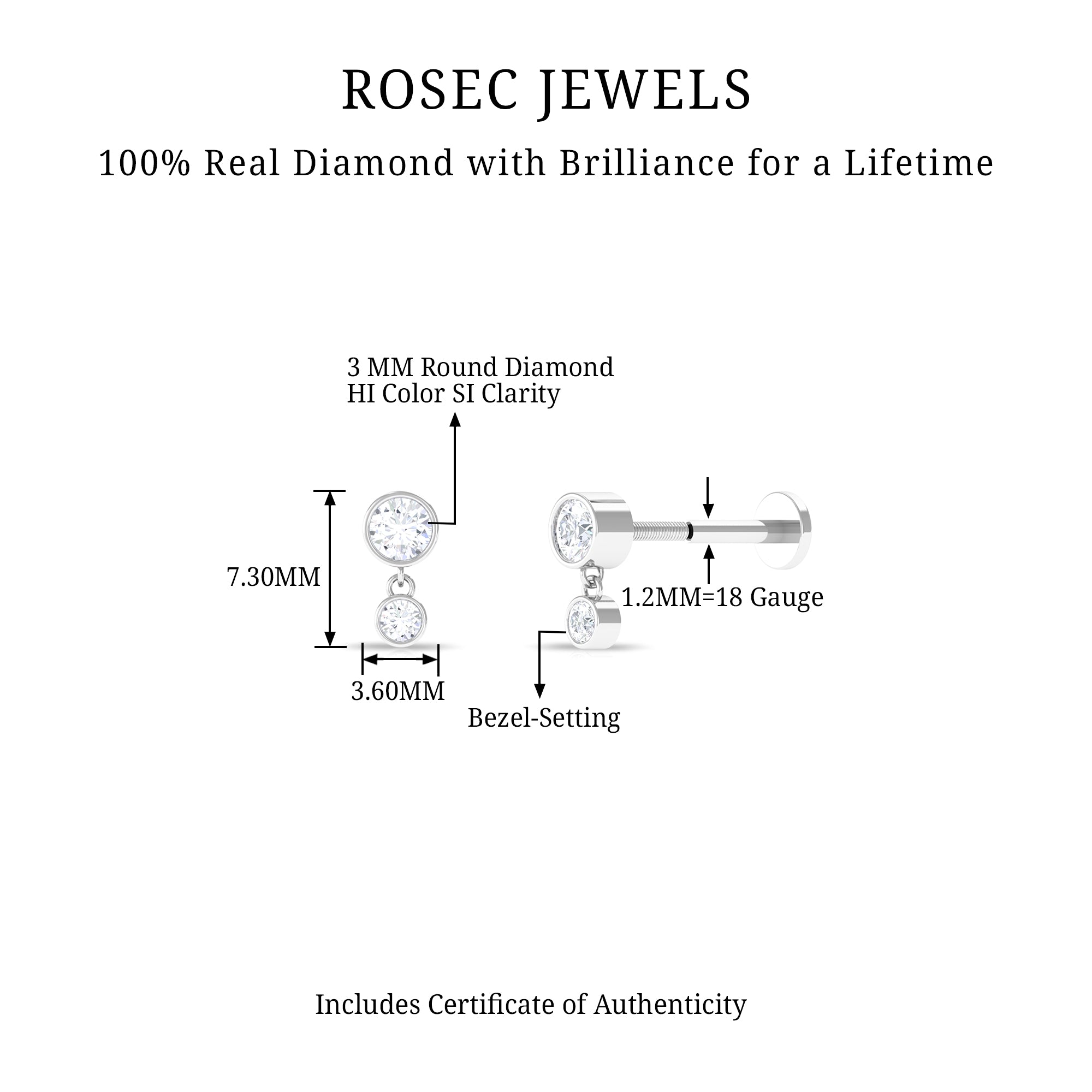 Certified Round Diamond Helix Drop Earring in Bezel Set Natural - ( HI-SI ) - Rosec Jewels