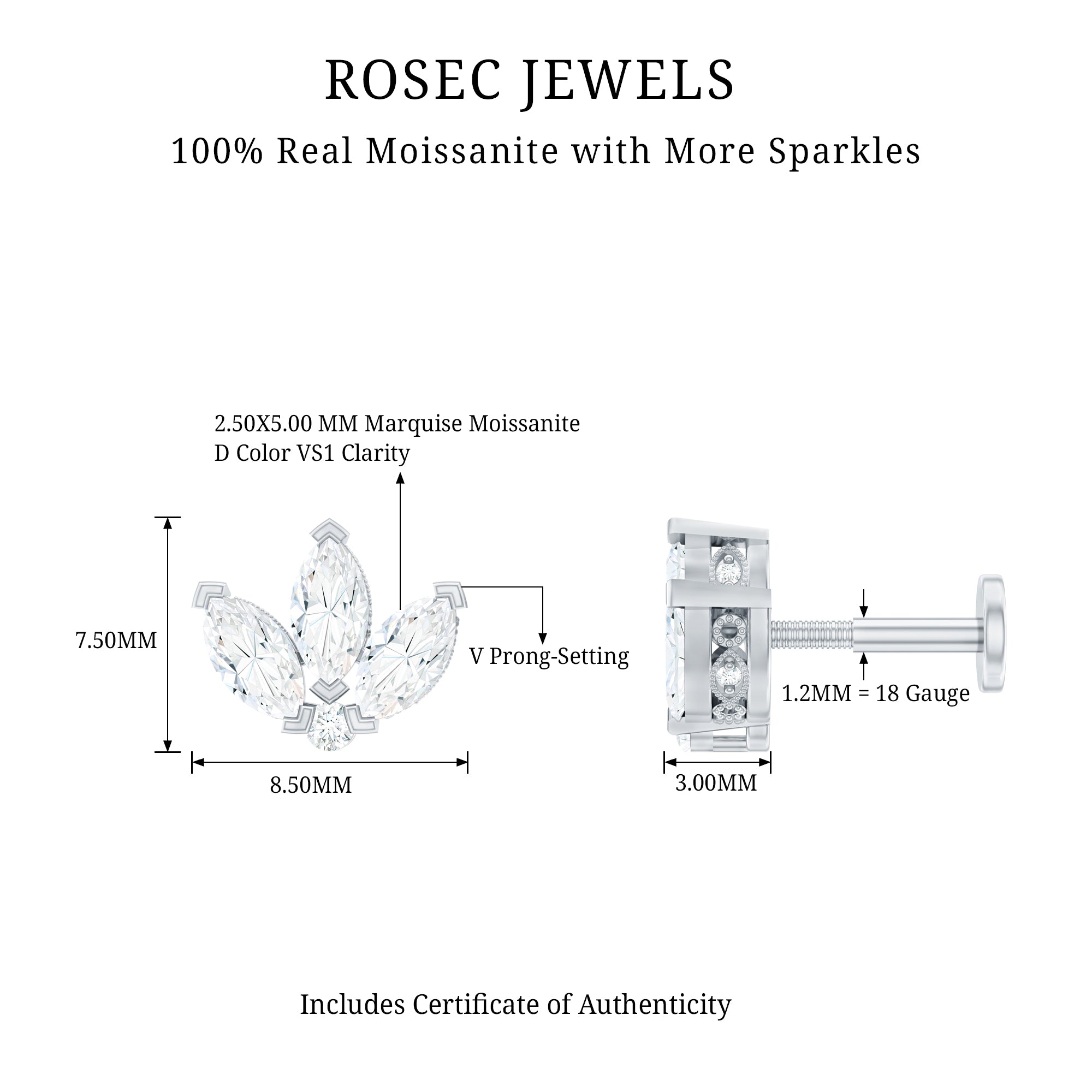 Certified Marquise Moissanite Lotus Flower Earring for Helix Piercing D-VS1 - Rosec Jewels