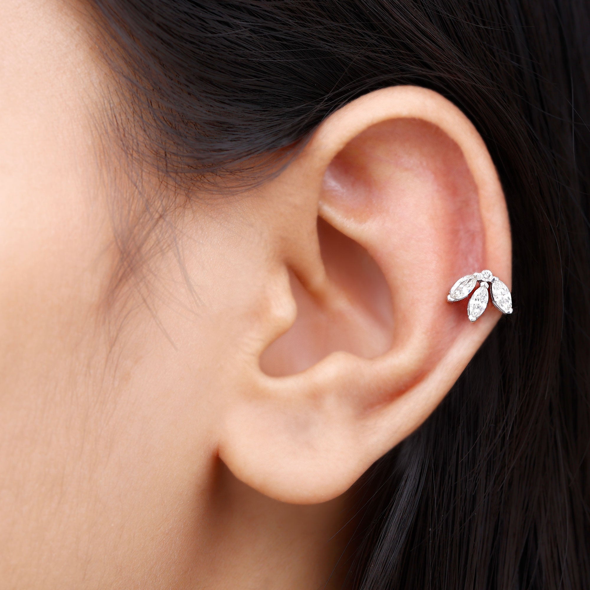 Certified Marquise Moissanite Lotus Flower Earring for Helix Piercing D-VS1 - Rosec Jewels