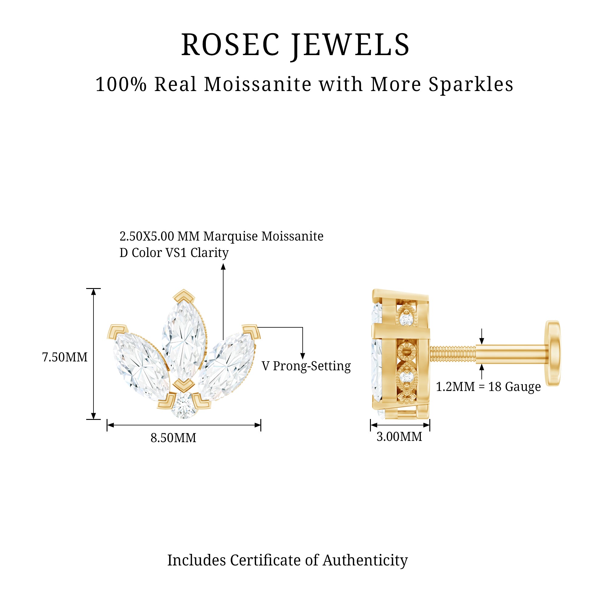 Certified Marquise Moissanite Lotus Flower Earring for Helix Piercing D-VS1 - Rosec Jewels