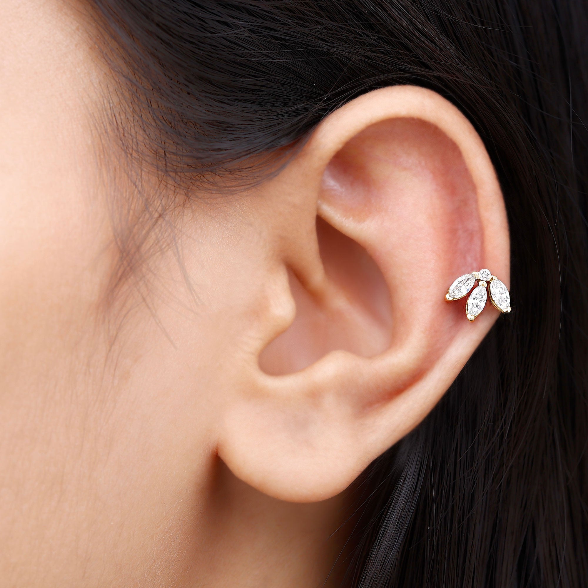 Certified Marquise Moissanite Lotus Flower Earring for Helix Piercing D-VS1 - Rosec Jewels