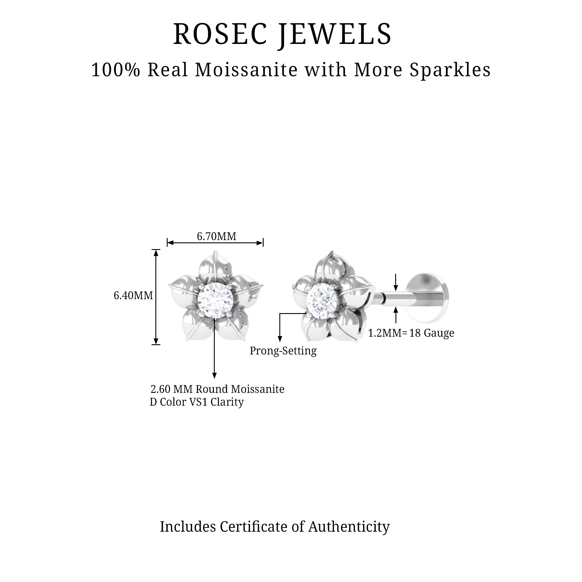 Round Moissanite Flower Earring for Helix Piercing D-VS1 - Rosec Jewels