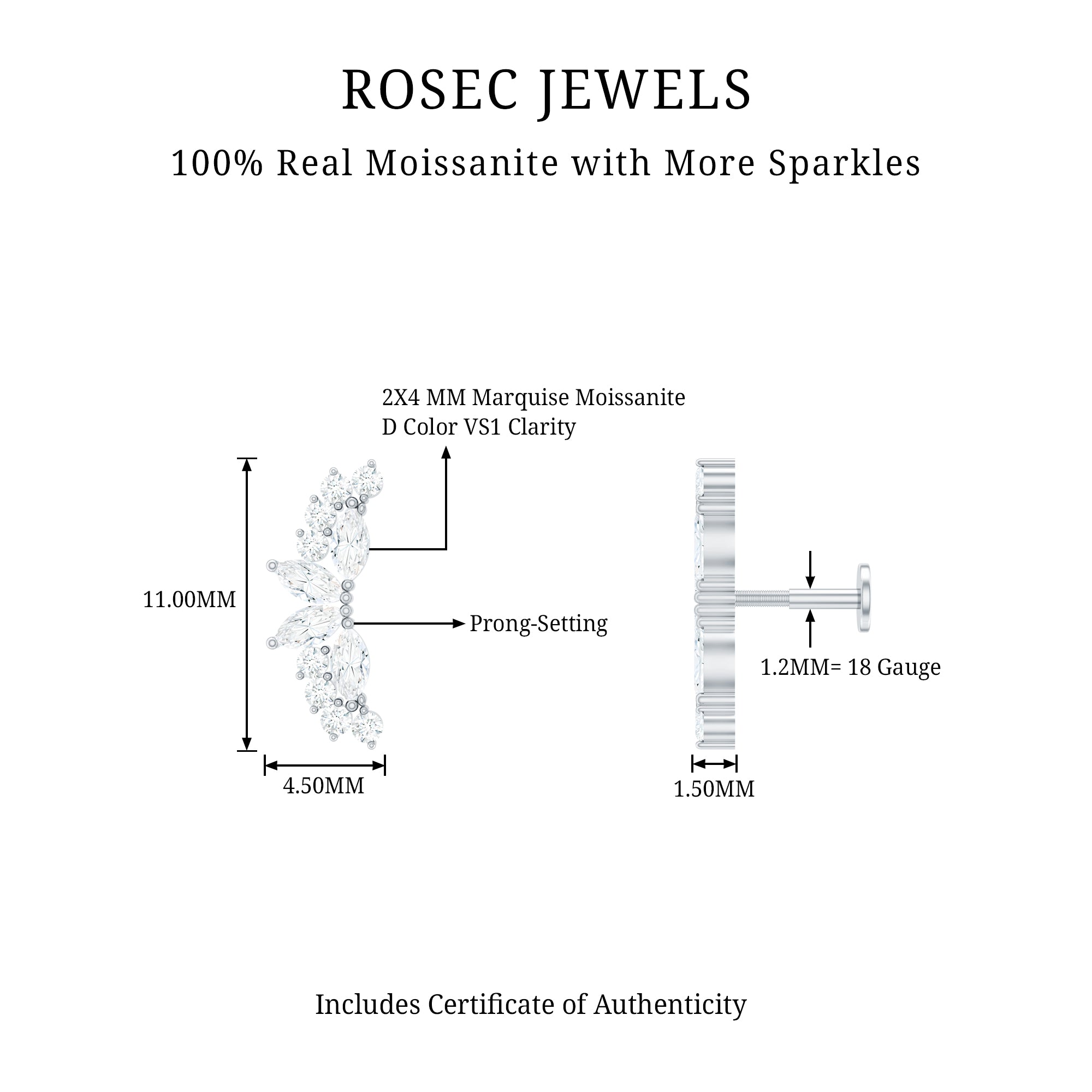 Certified Moissanite Cluster Crawler Earring for Helix Piercing D-VS1 - Rosec Jewels