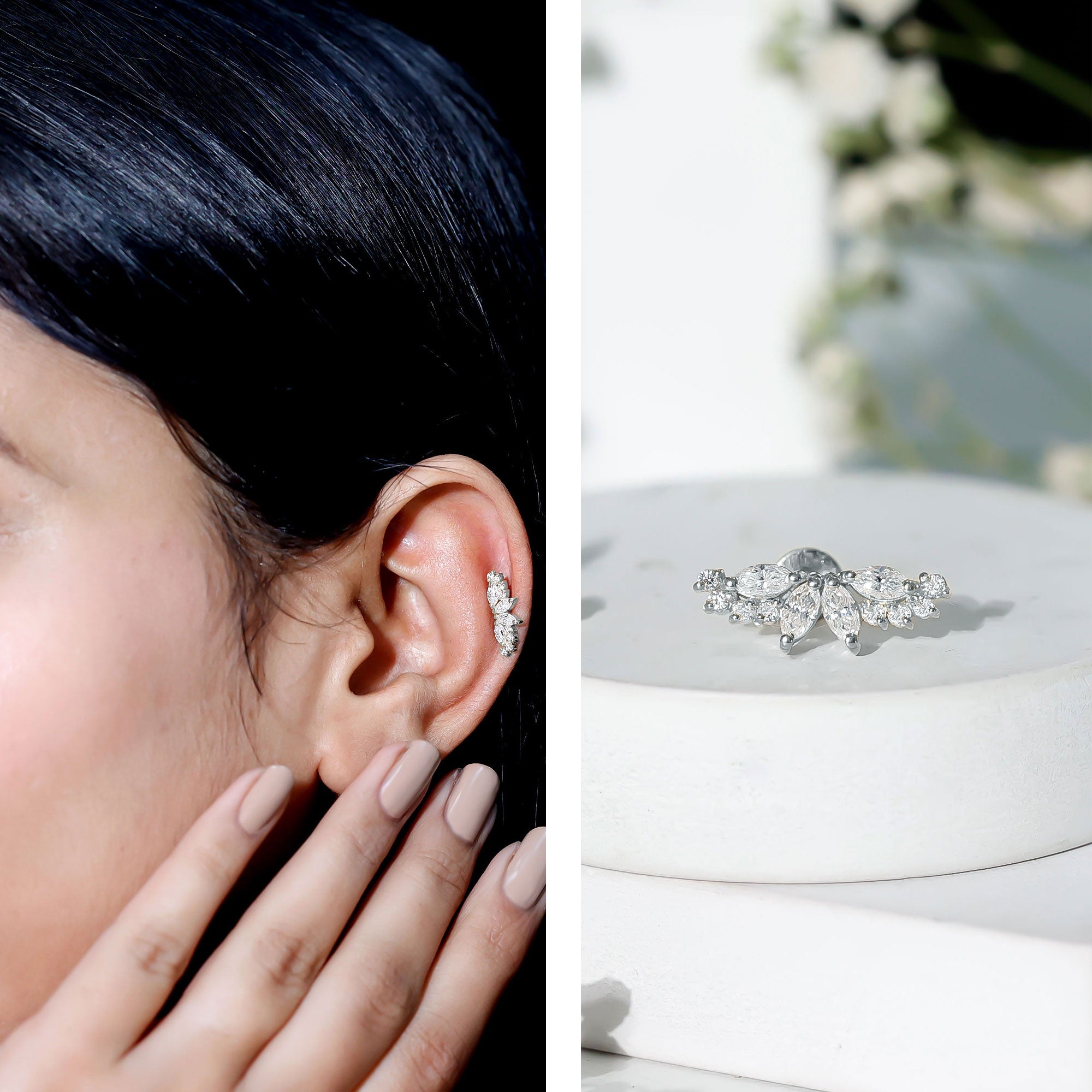 Certified Moissanite Cluster Crawler Earring for Helix Piercing D-VS1 - Rosec Jewels