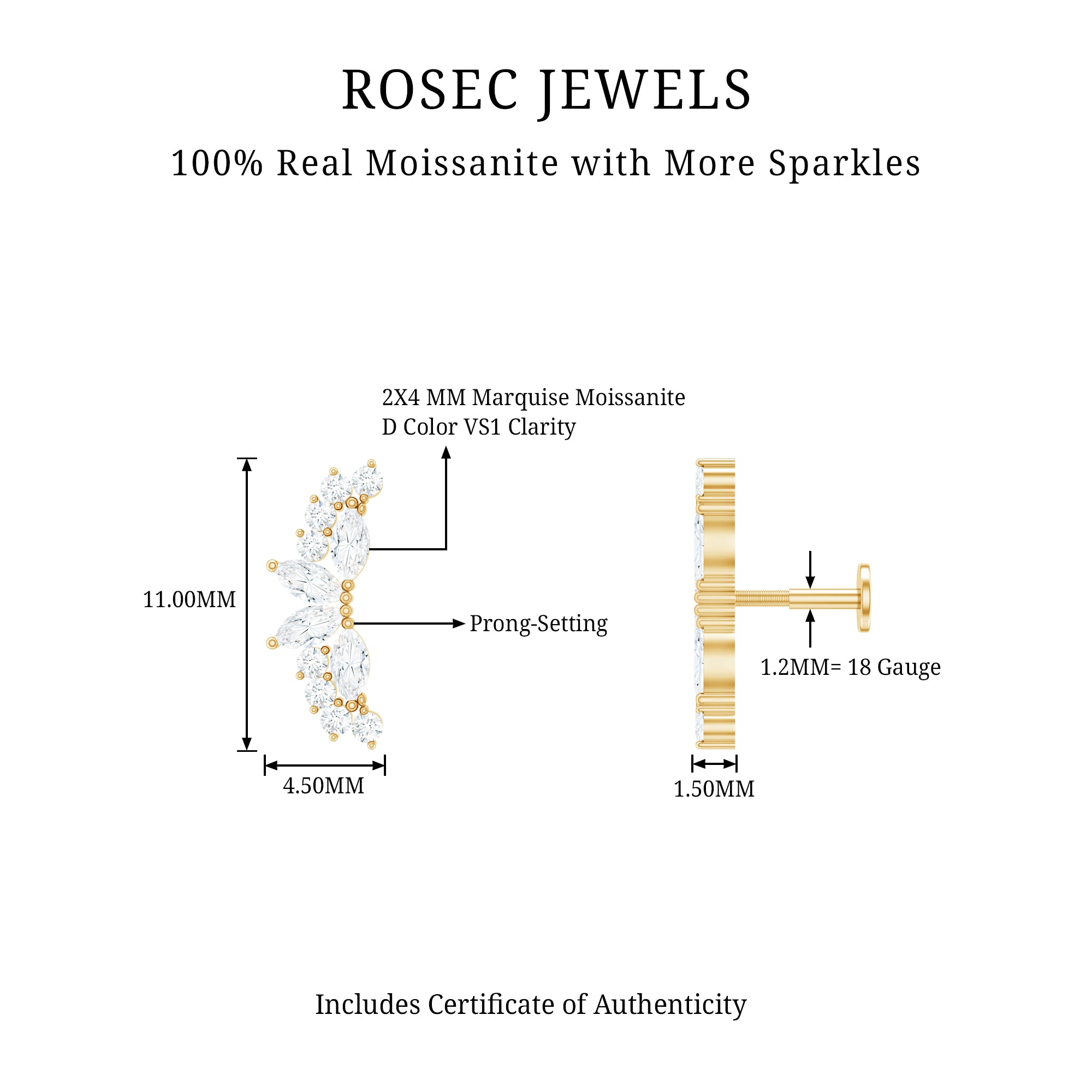 Certified Moissanite Cluster Crawler Earring for Helix Piercing D-VS1 - Rosec Jewels