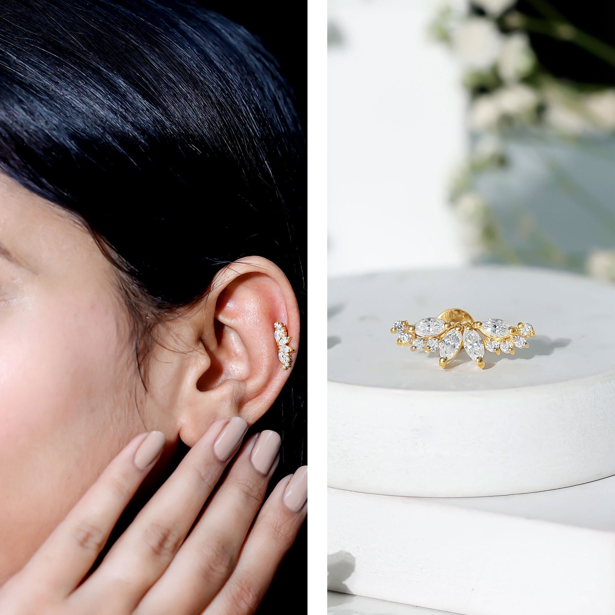 Certified Moissanite Cluster Crawler Earring for Helix Piercing D-VS1 - Rosec Jewels