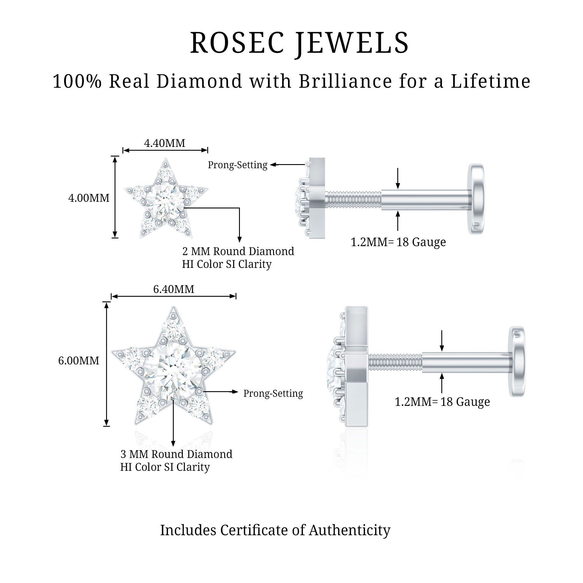 Minimalist Diamond Star Earring for Tragus Piercing Natural - ( HI-SI ) - Rosec Jewels