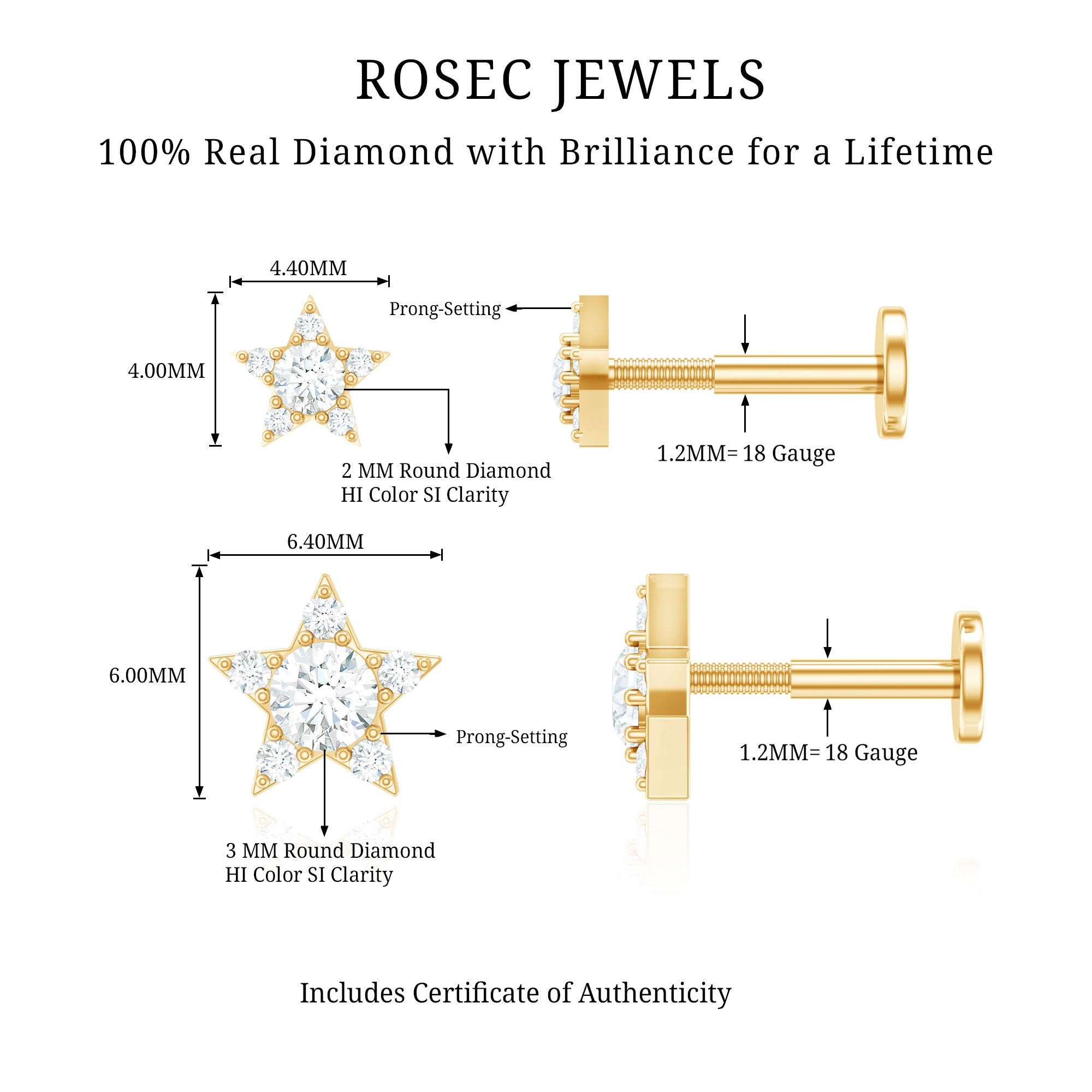 Minimalist Diamond Star Earring for Tragus Piercing Natural - ( HI-SI ) - Rosec Jewels