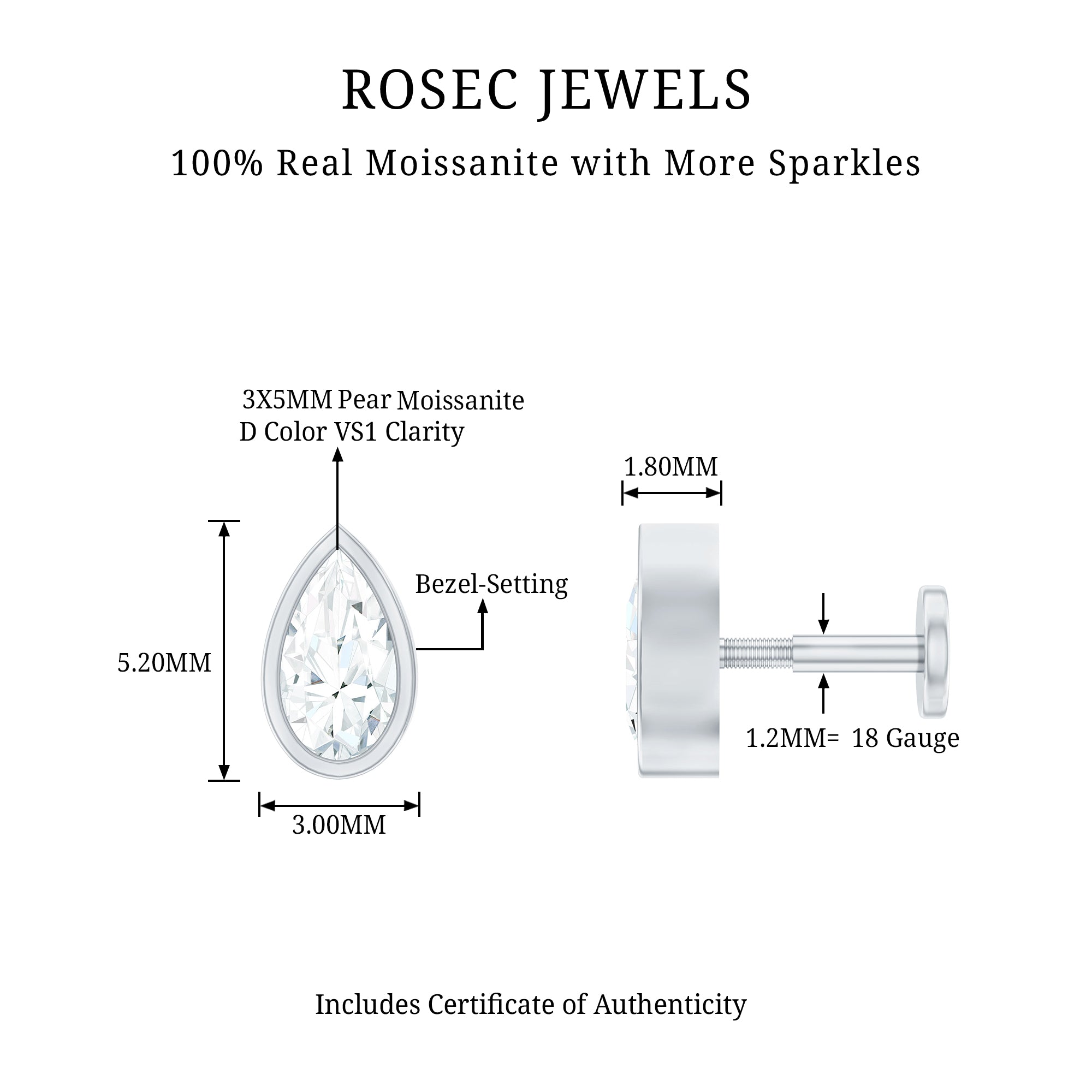 Bezel Set Moissanite Teardrop Stud Earring for Cartilage Piercing D-VS1 - Rosec Jewels