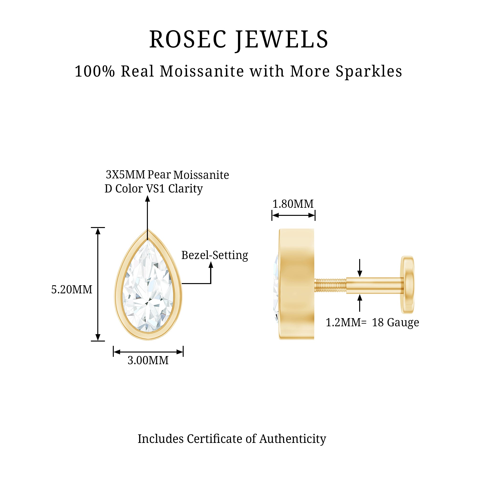 Bezel Set Moissanite Teardrop Stud Earring for Cartilage Piercing D-VS1 - Rosec Jewels
