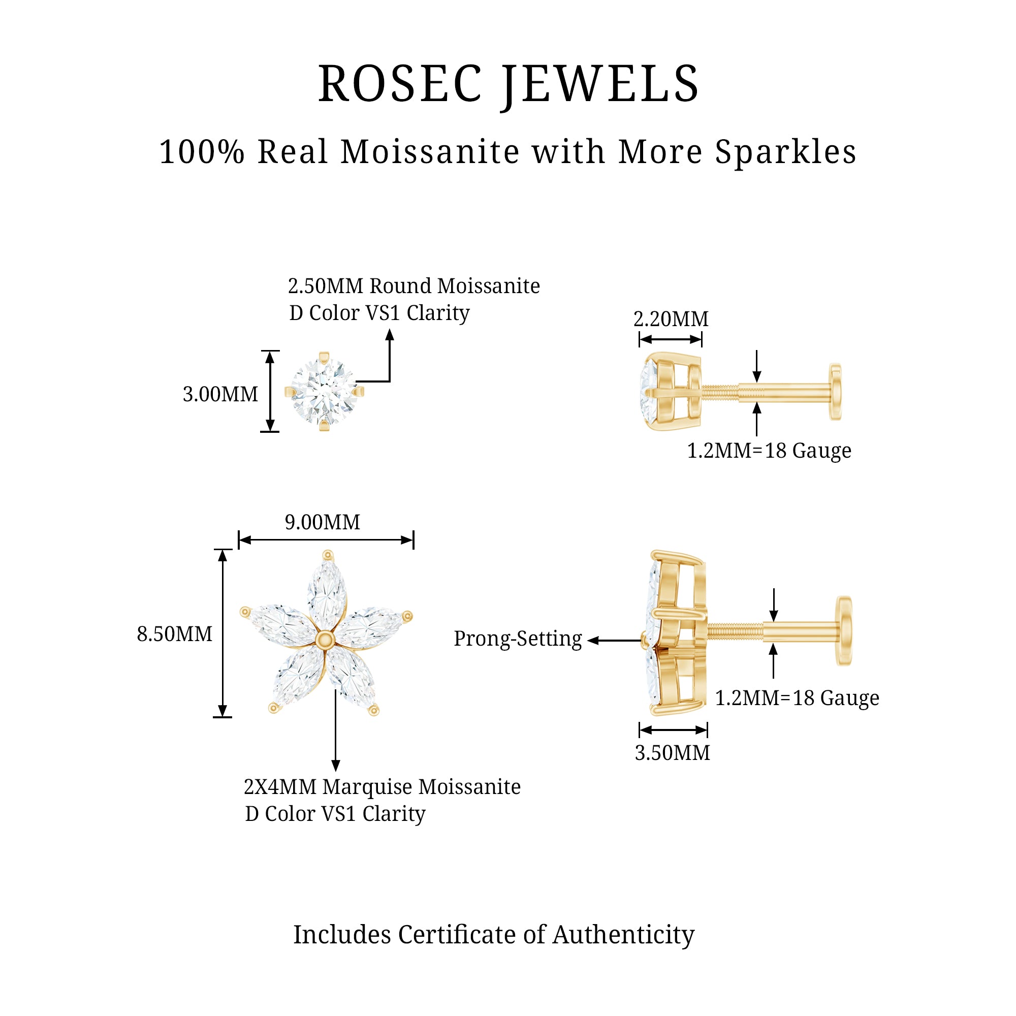 Marquise Moissanite Flower Cartilage Earring Set D-VS1 - Rosec Jewels