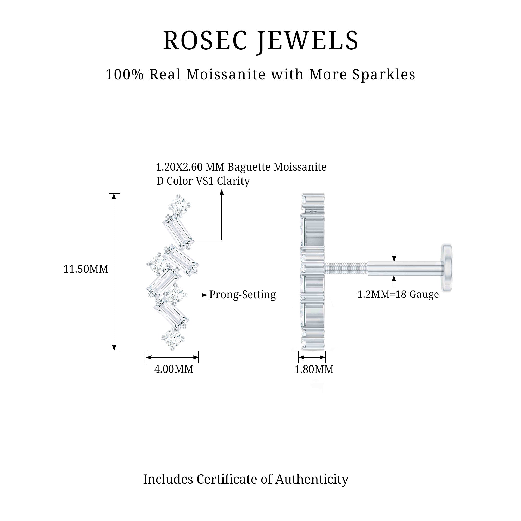 Baguette and Round Moissanite Cartilage Earring With Certificate D-VS1 - Rosec Jewels