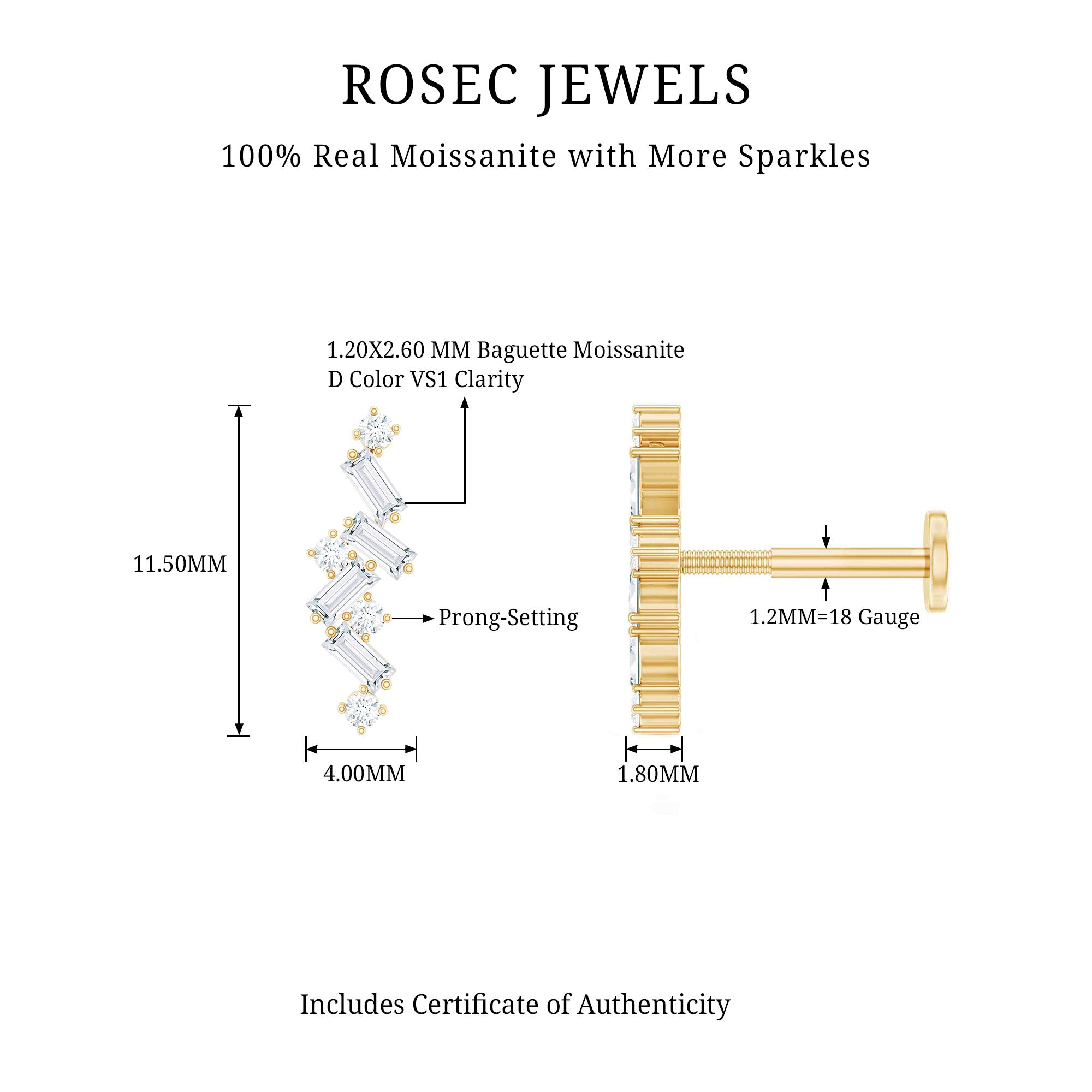 Baguette and Round Moissanite Cartilage Earring With Certificate D-VS1 - Rosec Jewels
