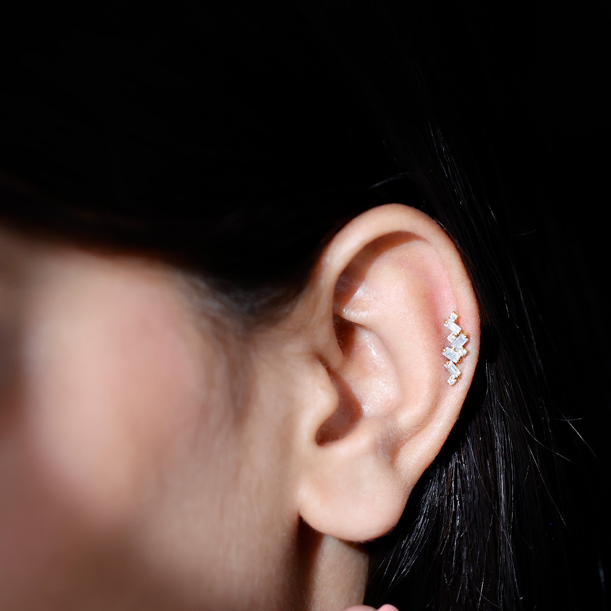 Baguette and Round Moissanite Cartilage Earring With Certificate D-VS1 - Rosec Jewels
