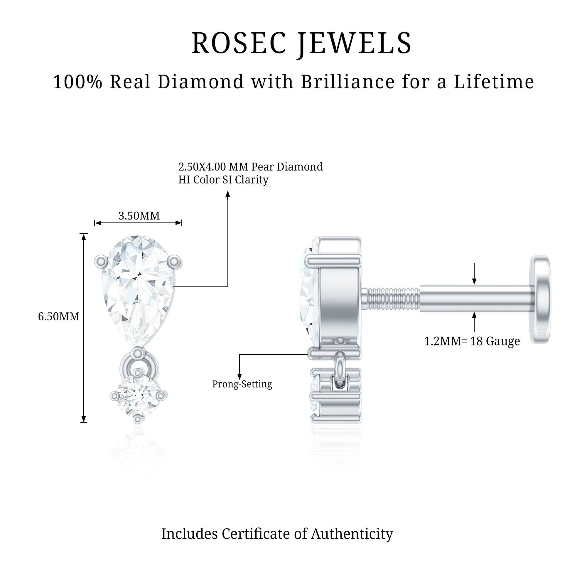 Pear Diamond Drop Earring for Helix Piercing Natural - ( HI-SI ) - Rosec Jewels