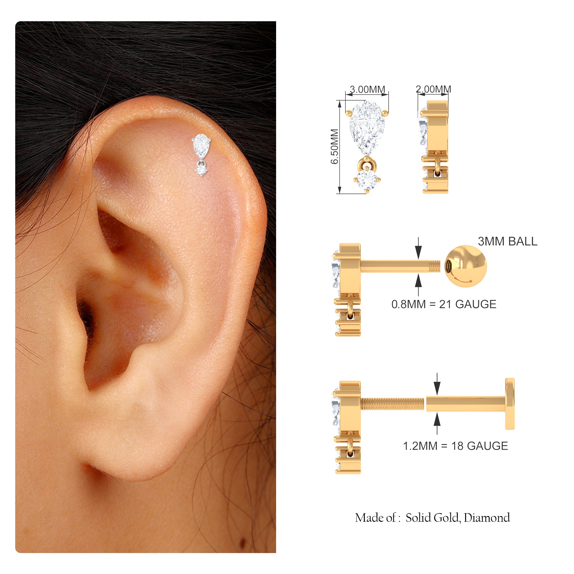 Pear Diamond Drop Earring for Helix Piercing Natural - ( HI-SI ) - Rosec Jewels