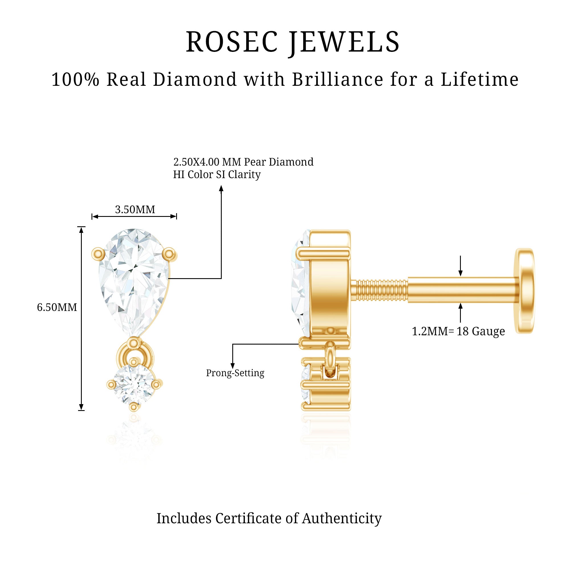 Pear Diamond Drop Earring for Helix Piercing Natural - ( HI-SI ) - Rosec Jewels