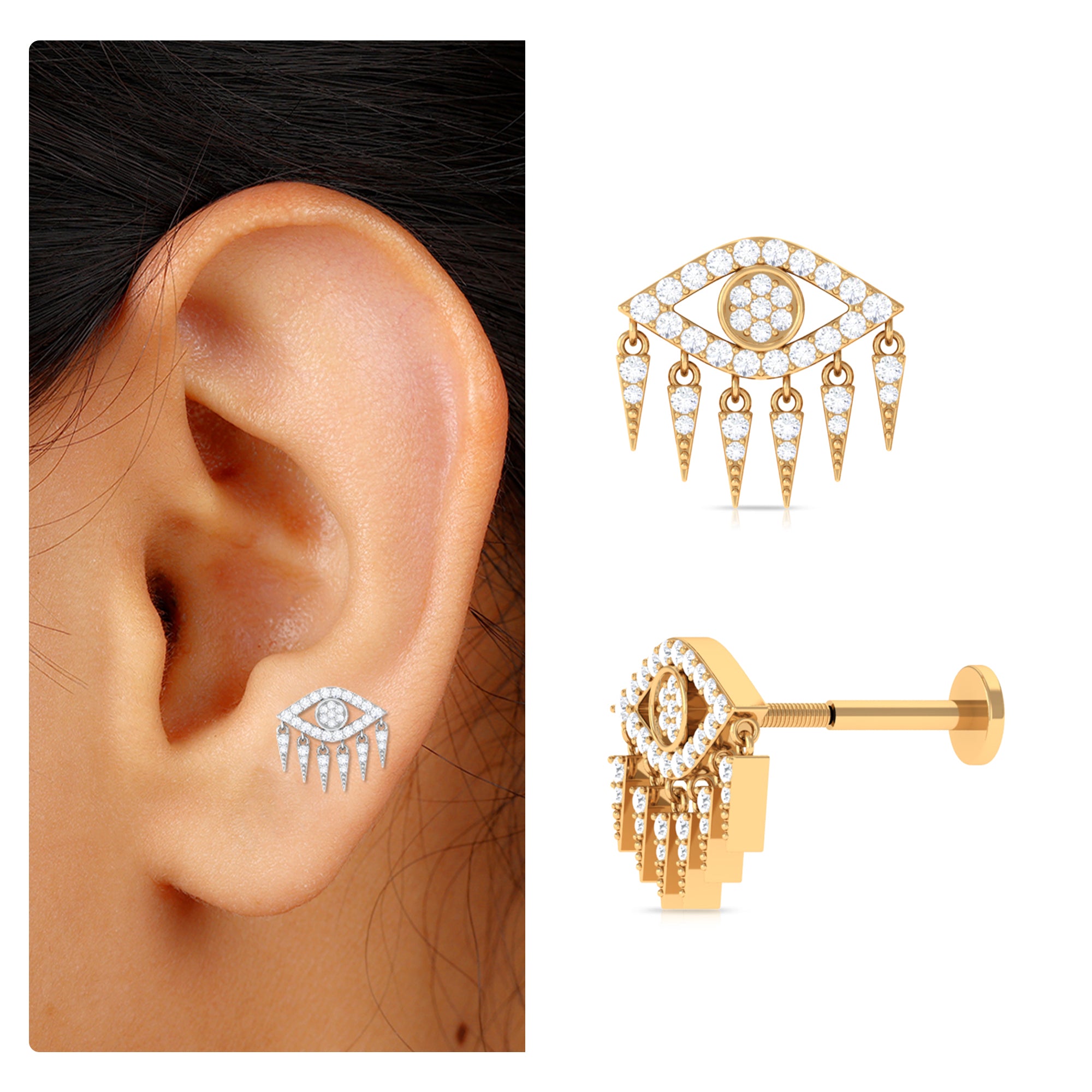Unique Moissanite Evil Eye Earring for Cartilage Piercing D-VS1 - Rosec Jewels