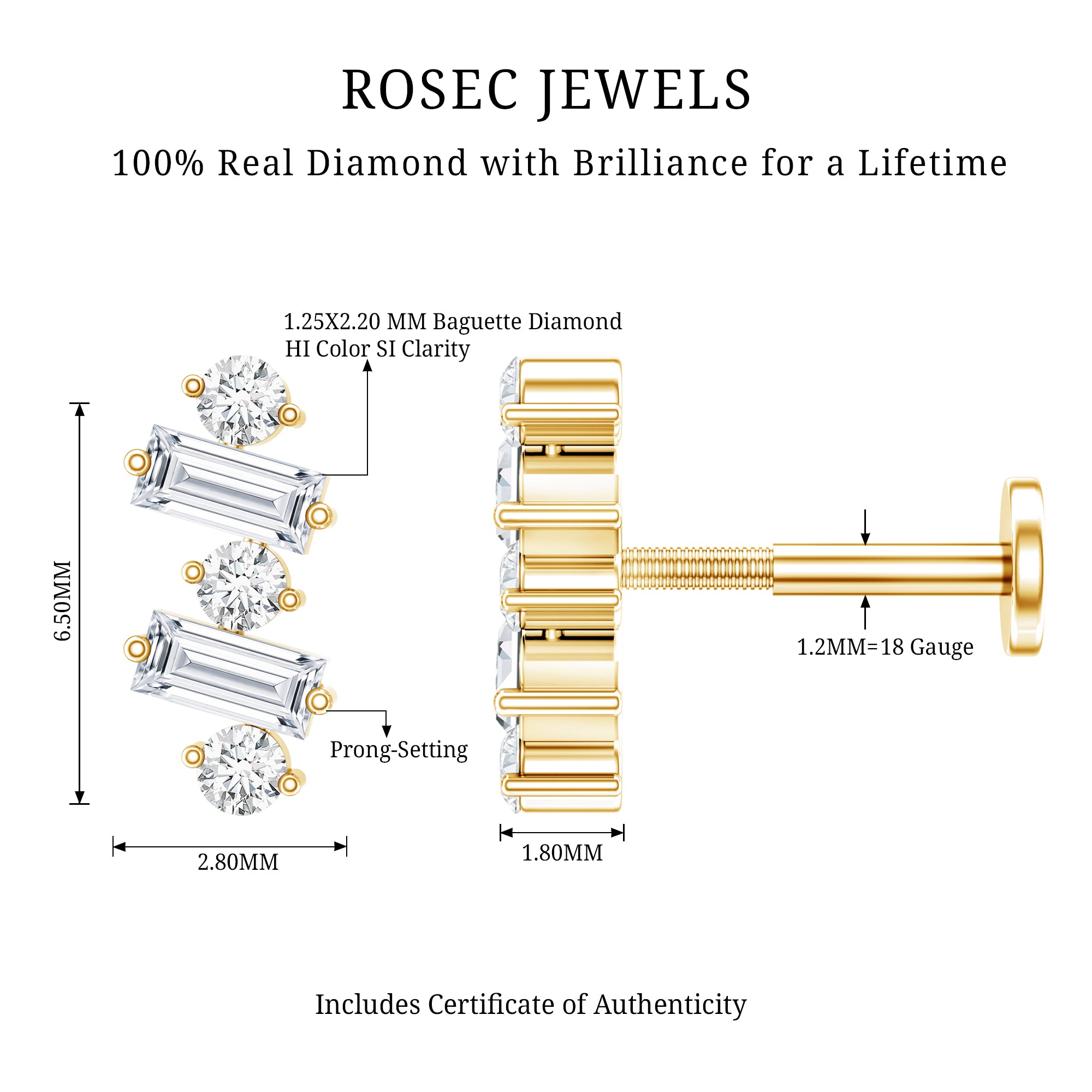 Genuine Baguette Diamond Tragus Earring With Certificate Natural - ( HI-SI ) - Rosec Jewels
