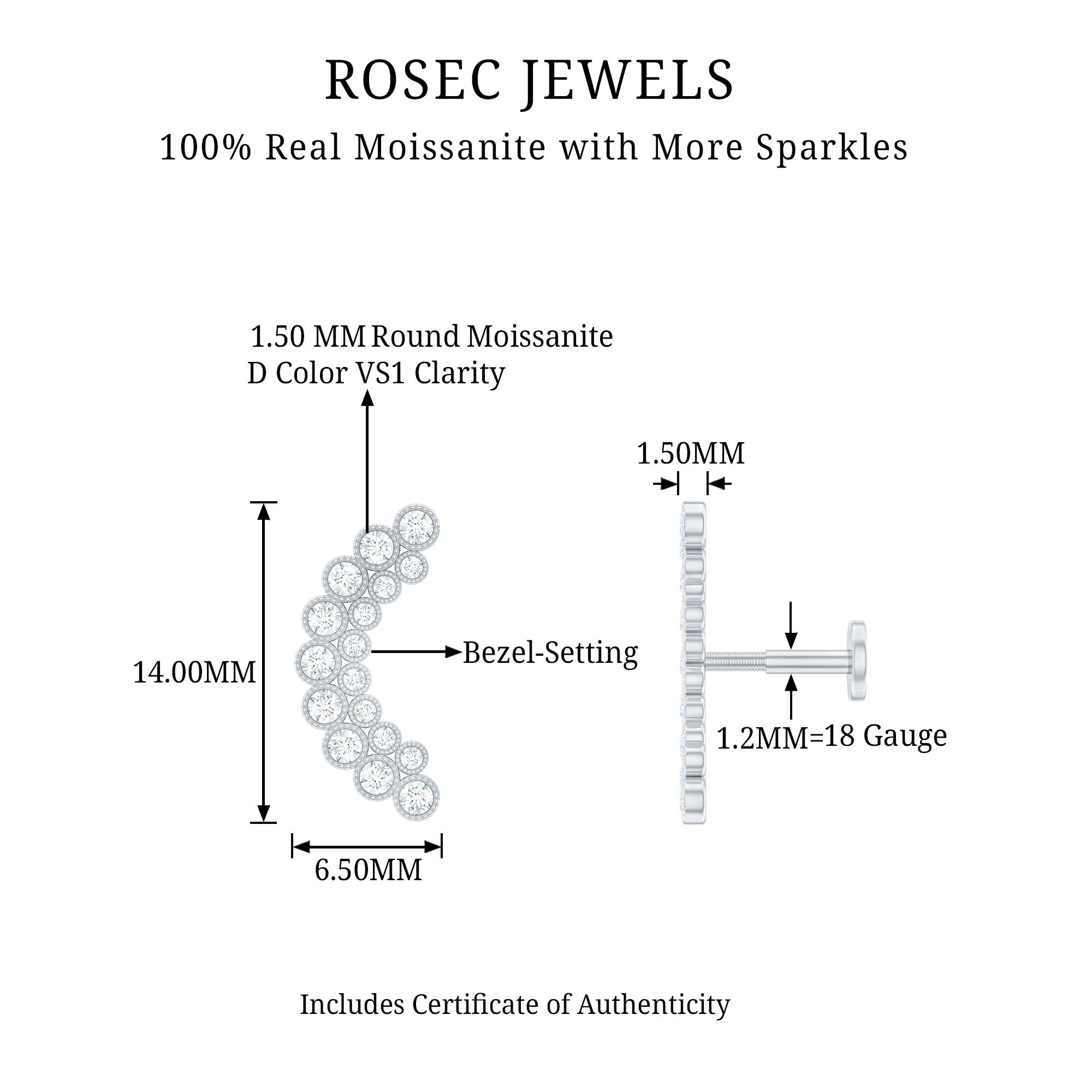 Moissanite Curved Helix Earring in Milgrain Bezel Setting D-VS1 - Rosec Jewels