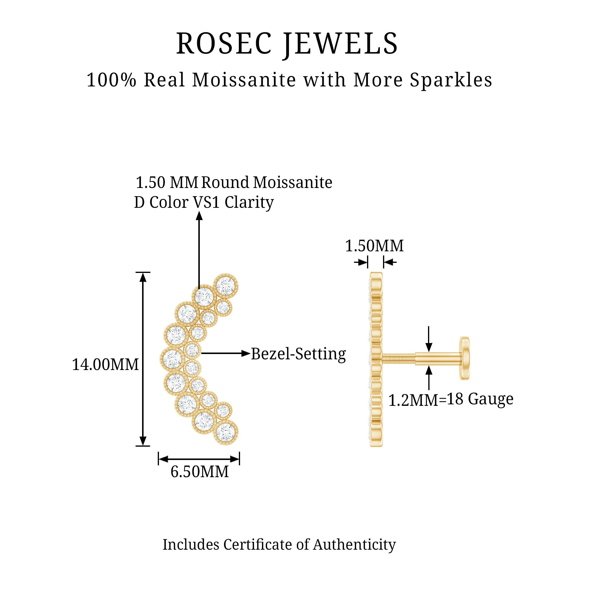 Moissanite Curved Helix Earring in Milgrain Bezel Setting D-VS1 - Rosec Jewels