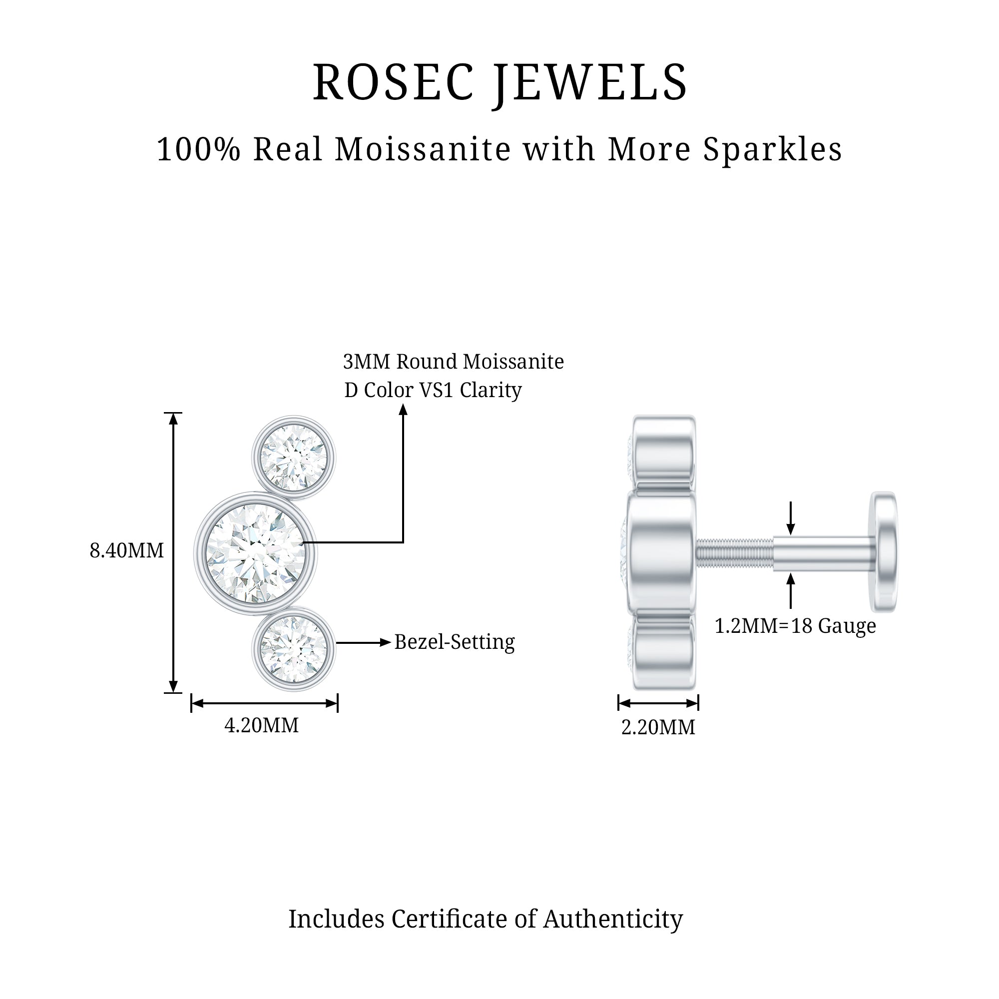 Certified Moissanite Three Stone Crawler Helix Earring D-VS1 - Rosec Jewels