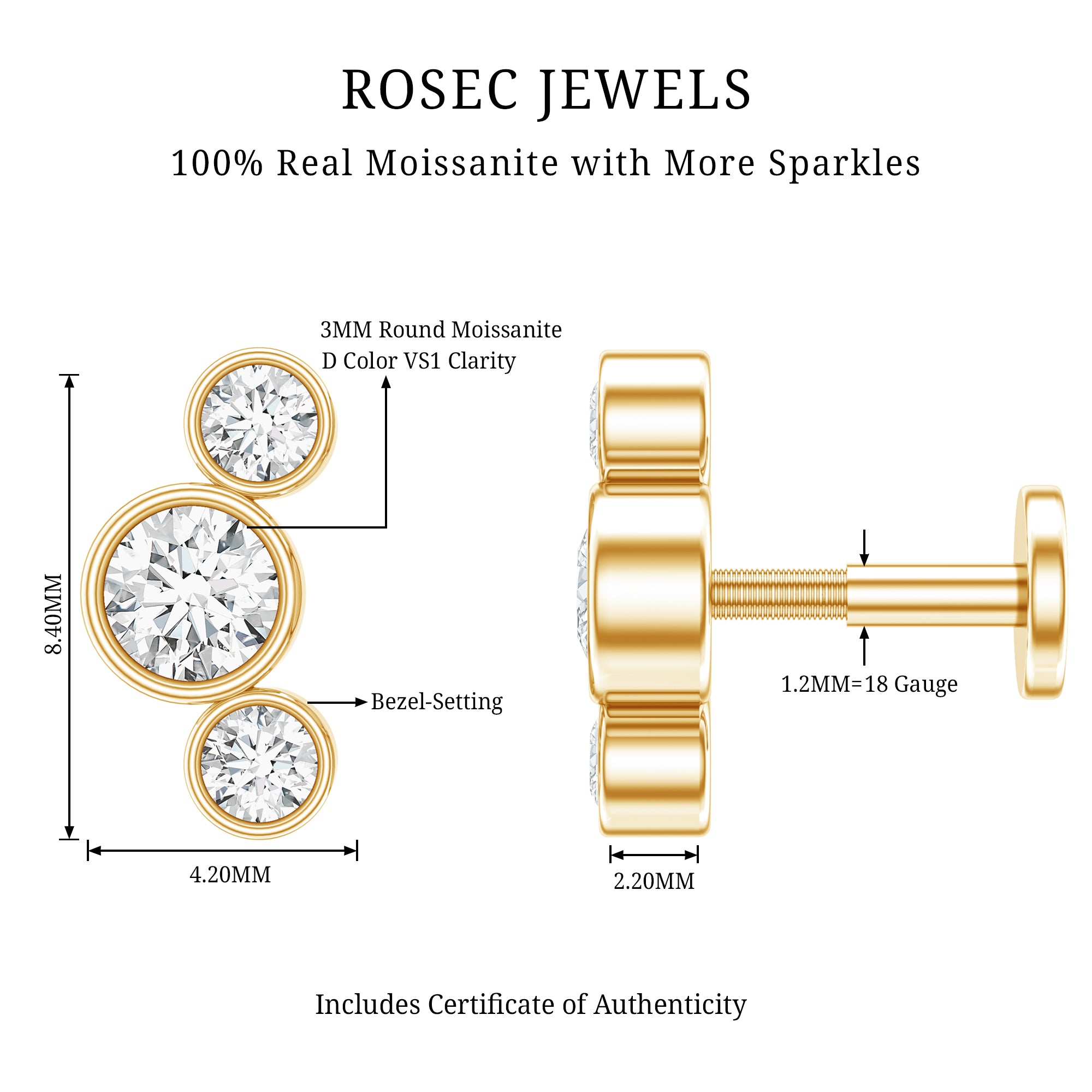 Certified Moissanite Three Stone Crawler Helix Earring D-VS1 - Rosec Jewels