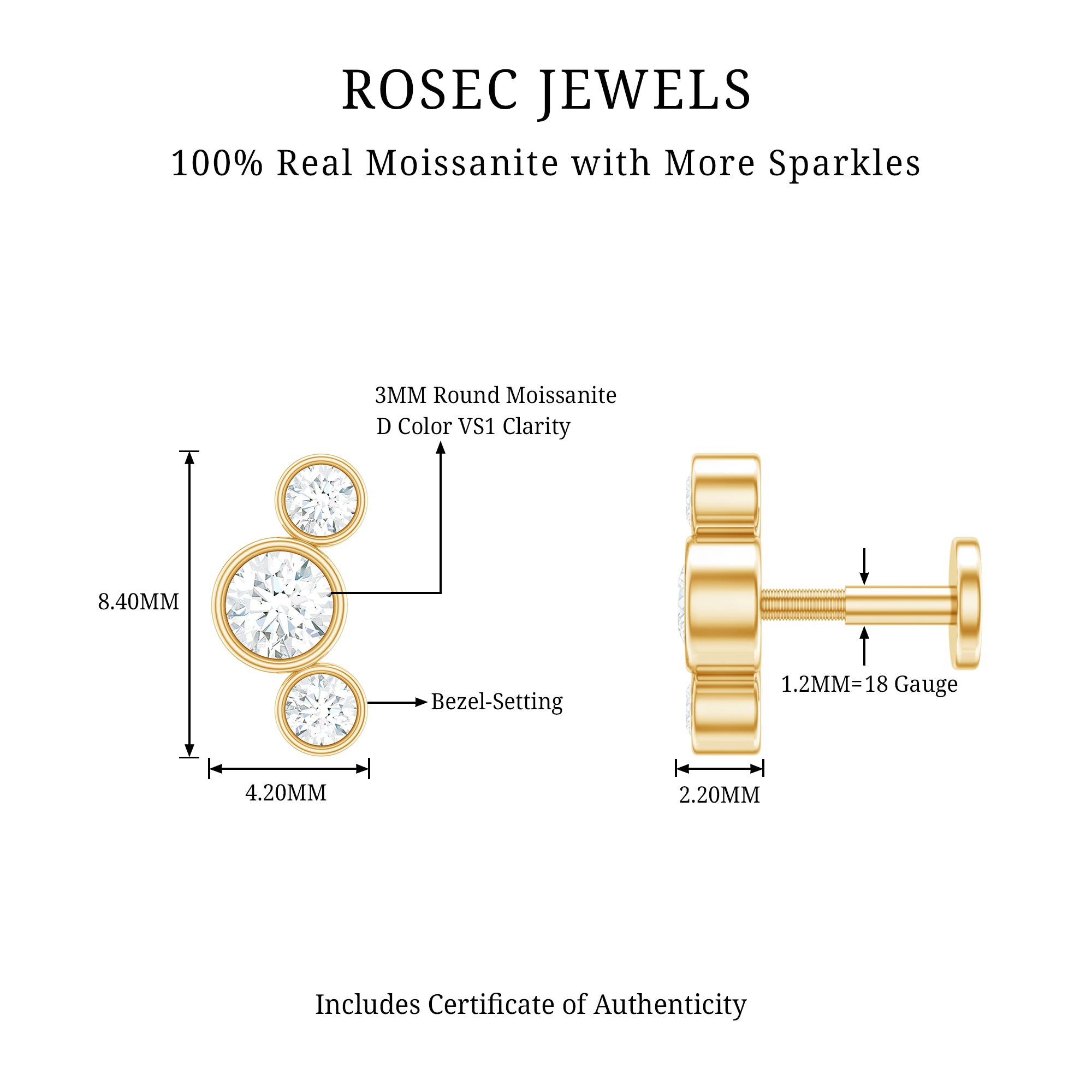 Certified Moissanite Three Stone Crawler Helix Earring D-VS1 - Rosec Jewels