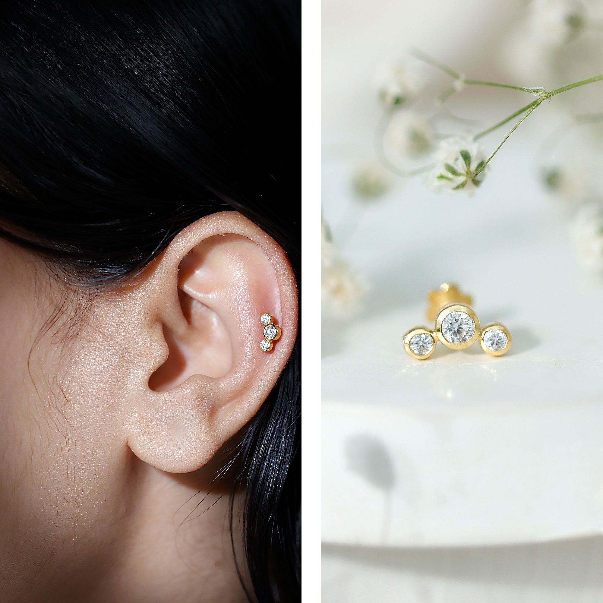 Certified Moissanite Three Stone Crawler Helix Earring D-VS1 - Rosec Jewels
