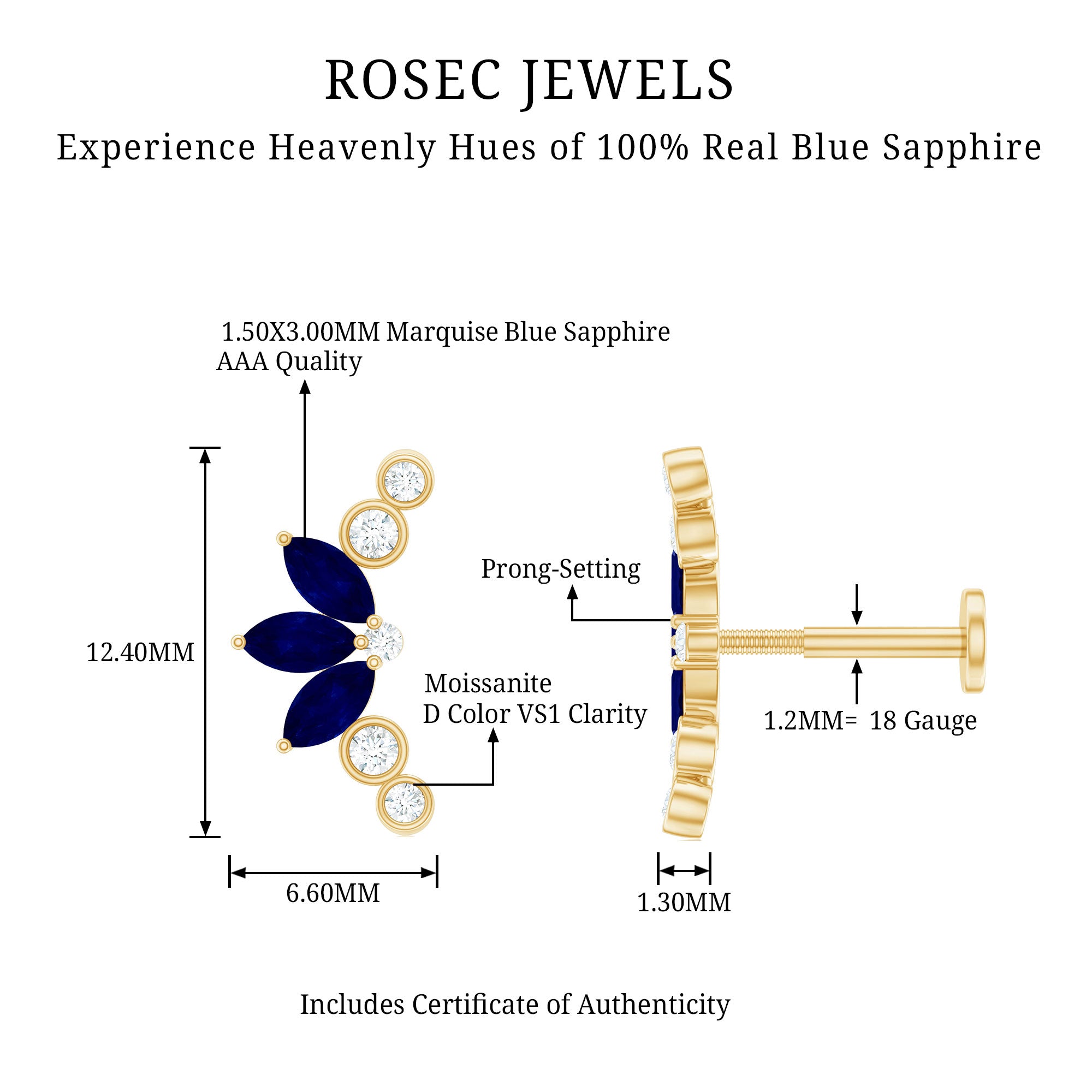 Natural Blue Sapphire Ear Crawler Earring AAA - Rosec Jewels