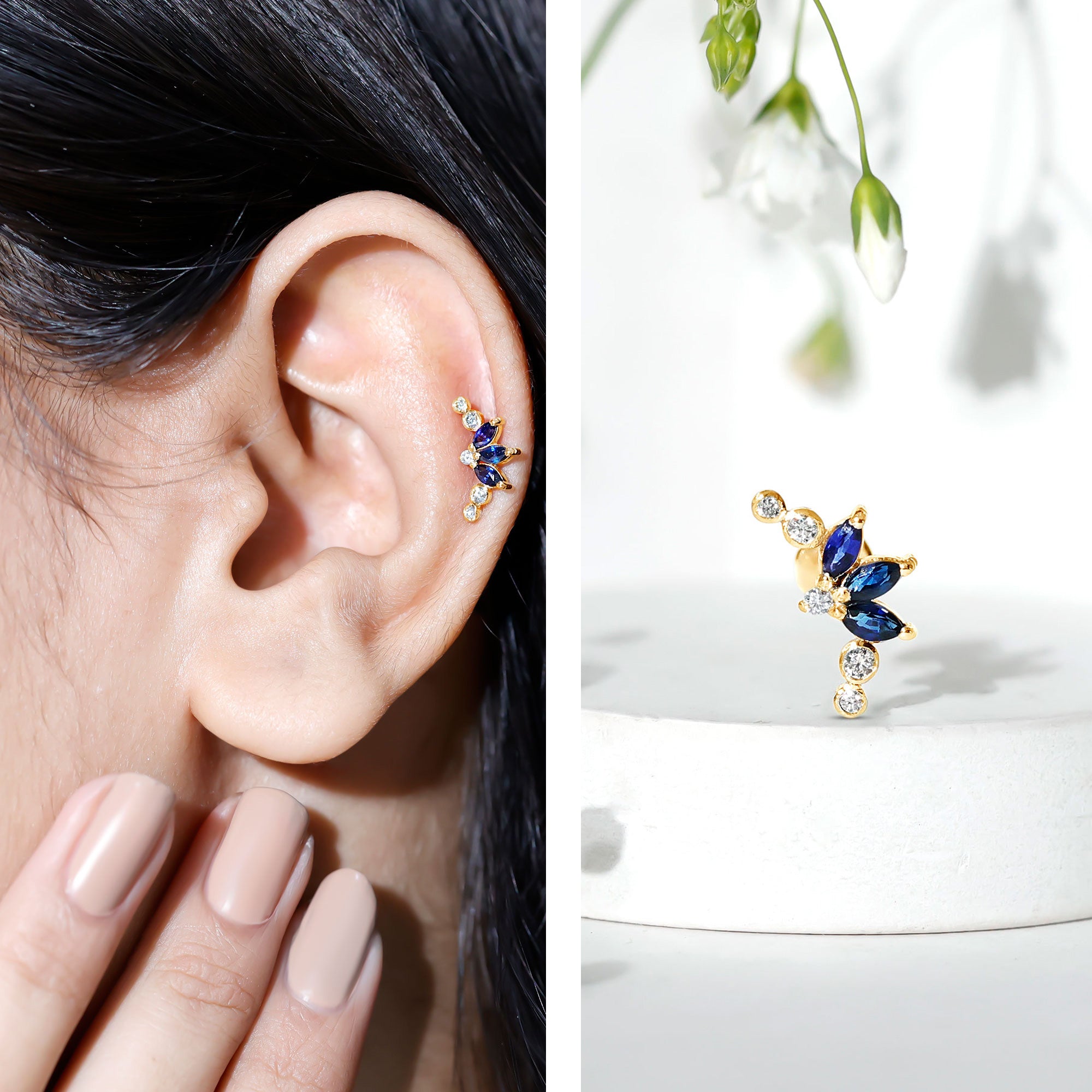 Natural Blue Sapphire Ear Crawler Earring AAA - Rosec Jewels