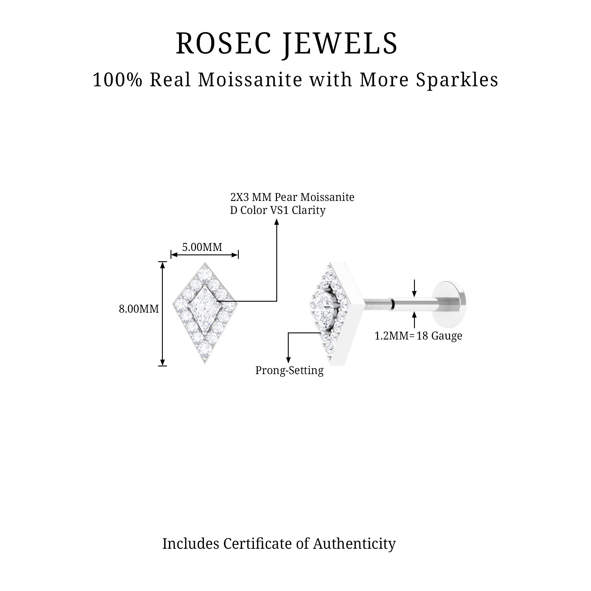 Unique Moissanite Kite Earring for Cartilage Piercing D-VS1 - Rosec Jewels