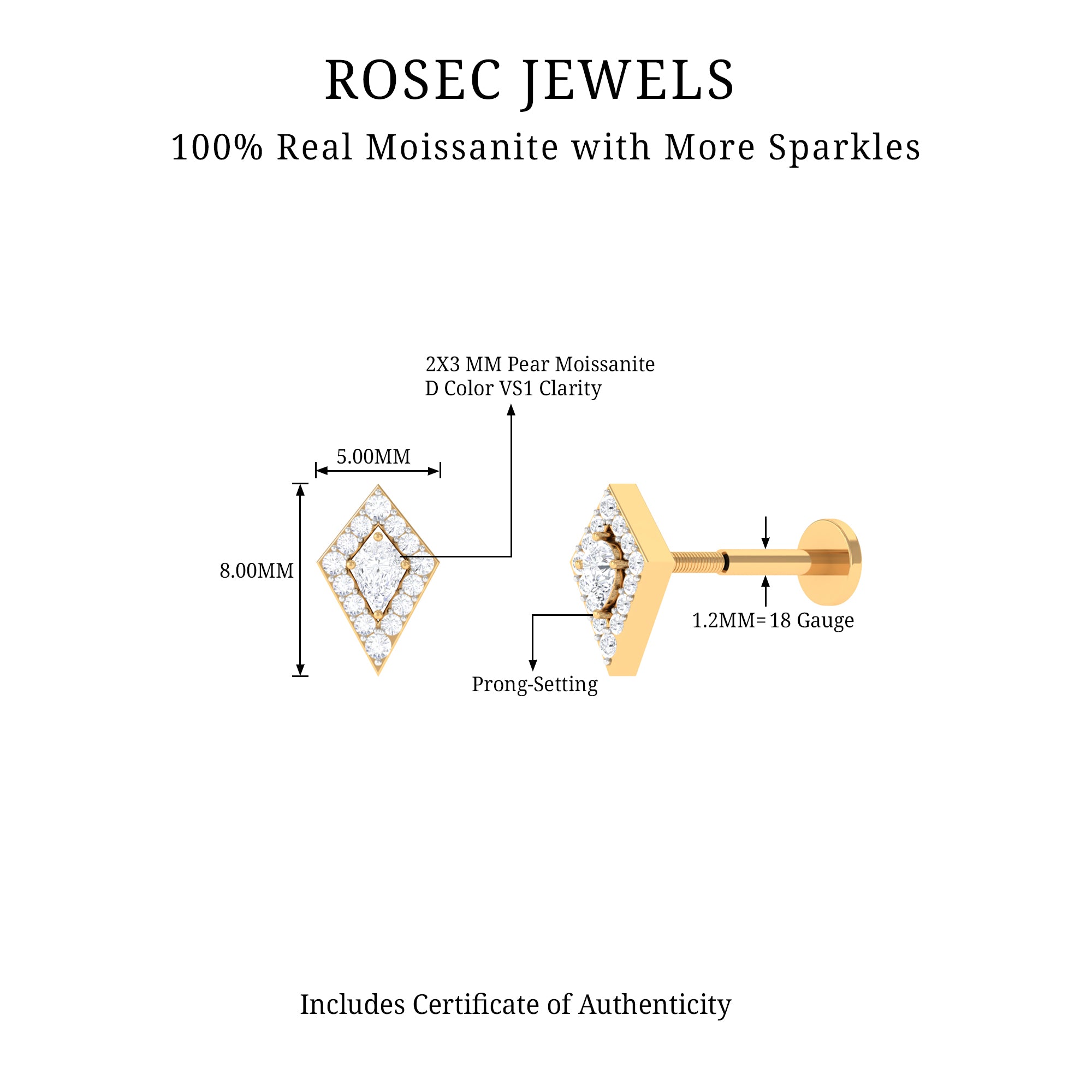 Unique Moissanite Kite Earring for Cartilage Piercing D-VS1 - Rosec Jewels