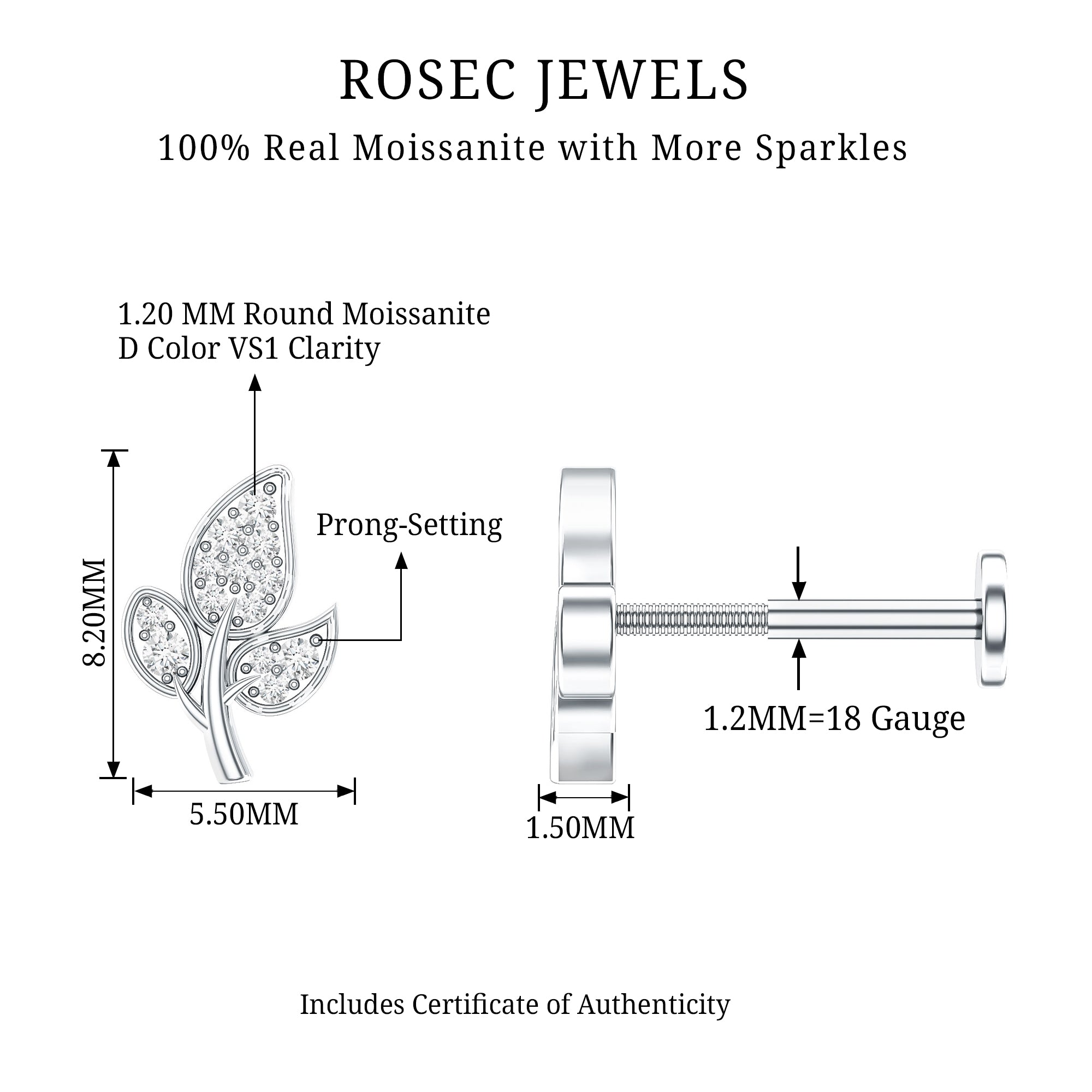 Dainty Moissanite Leaf Earring for Cartilage Piercing D-VS1 - Rosec Jewels