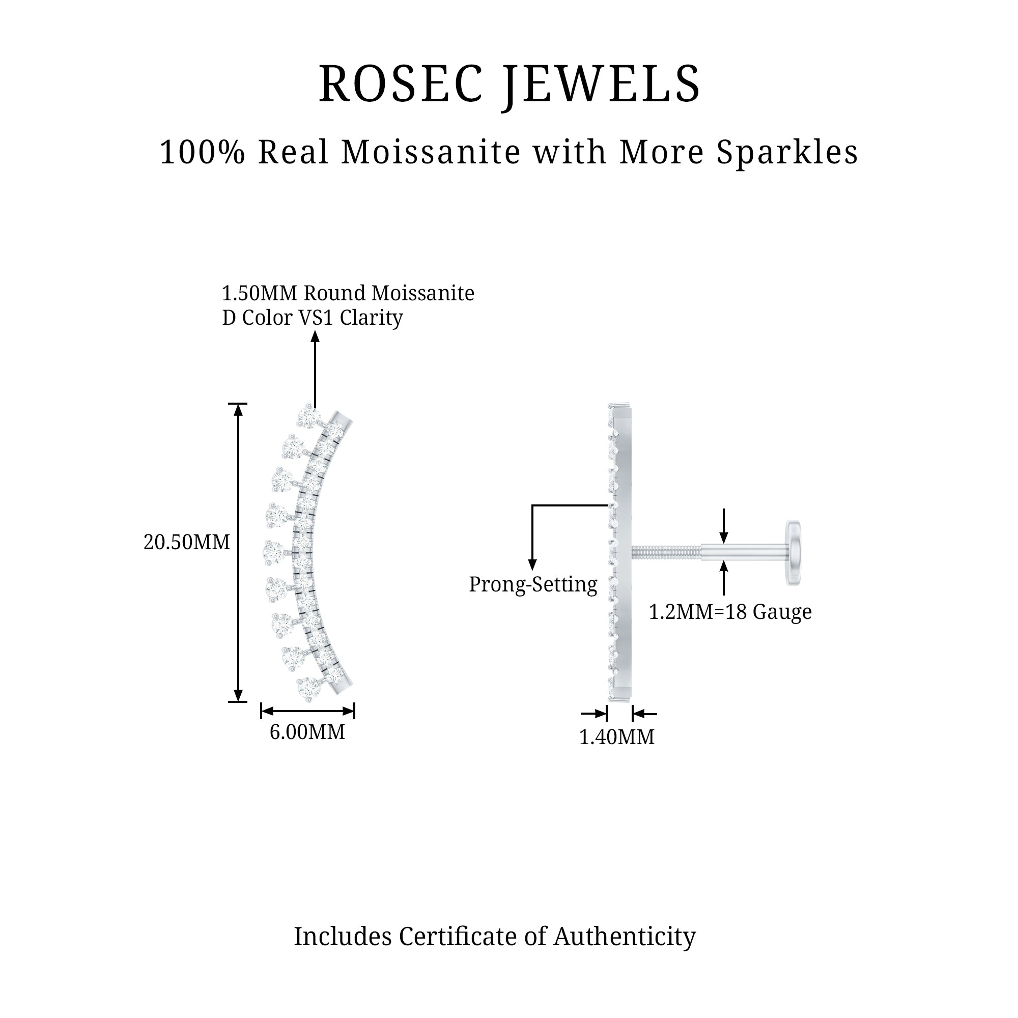Certified Moissanite Curved Crawler Earring D-VS1 - Rosec Jewels