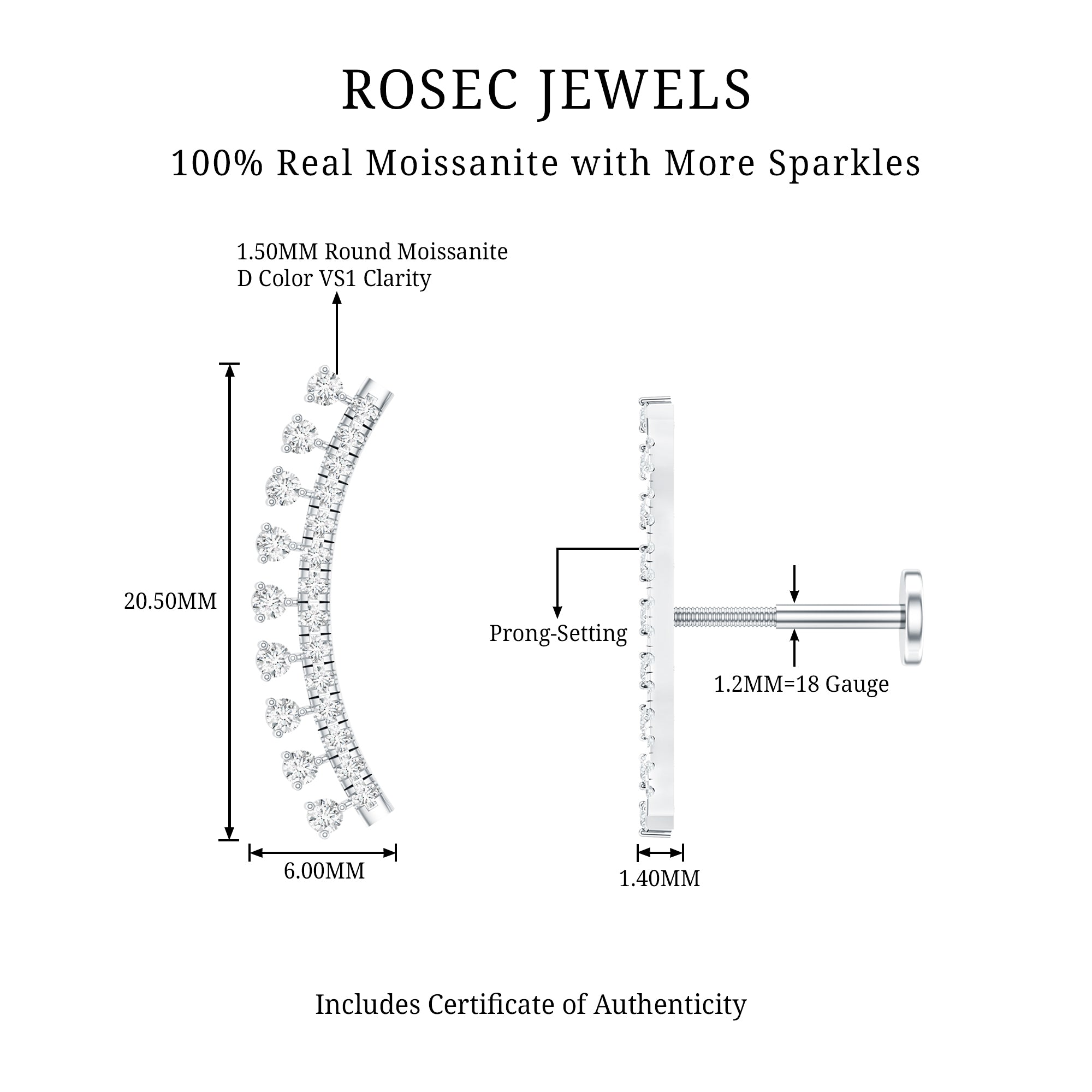 Certified Moissanite Curved Crawler Earring D-VS1 - Rosec Jewels
