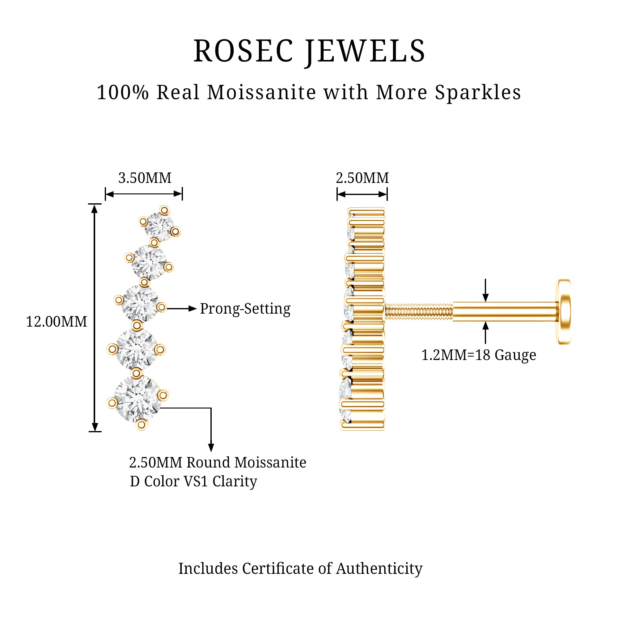 Minimal Moissanite Crawler Earring For Helix Piercing D-VS1 - Rosec Jewels