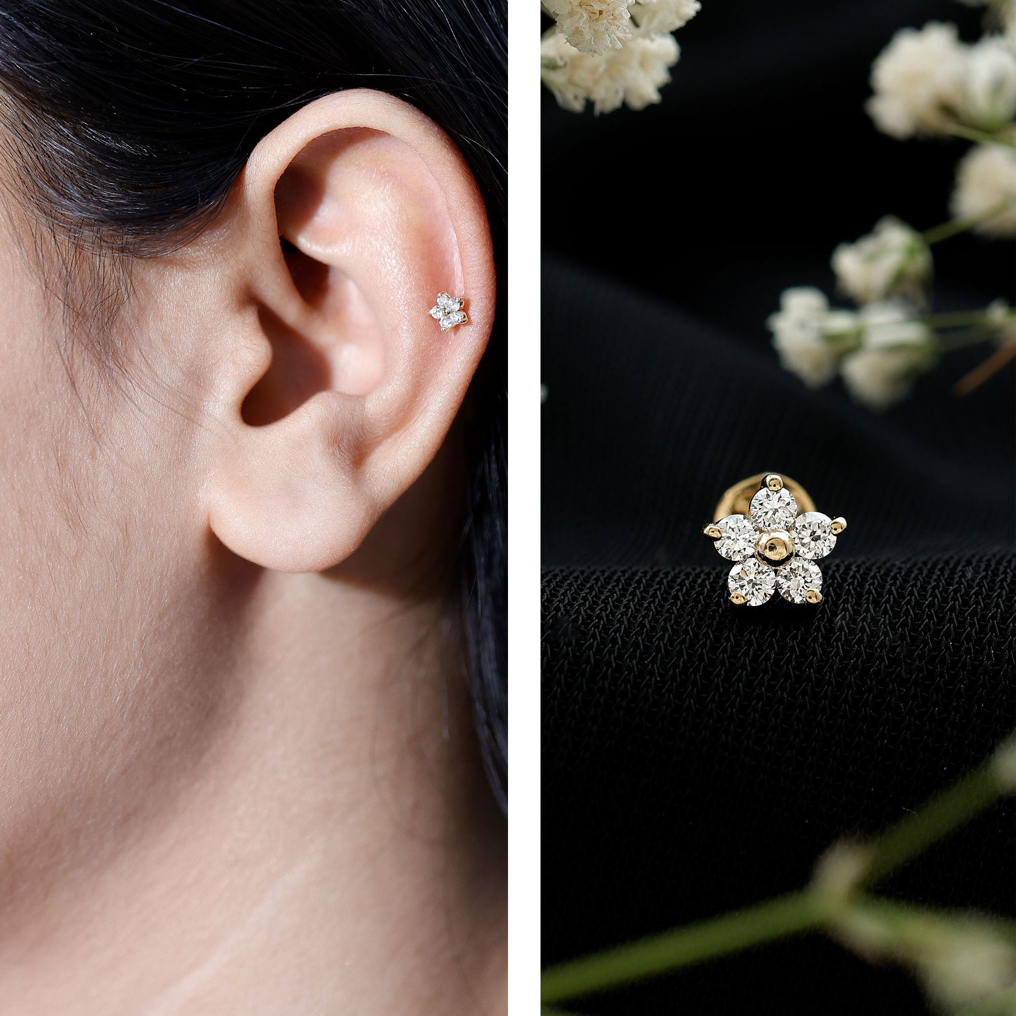 Certified Round Moissanite Flower Earring for Conch Piercing D-VS1 - Rosec Jewels