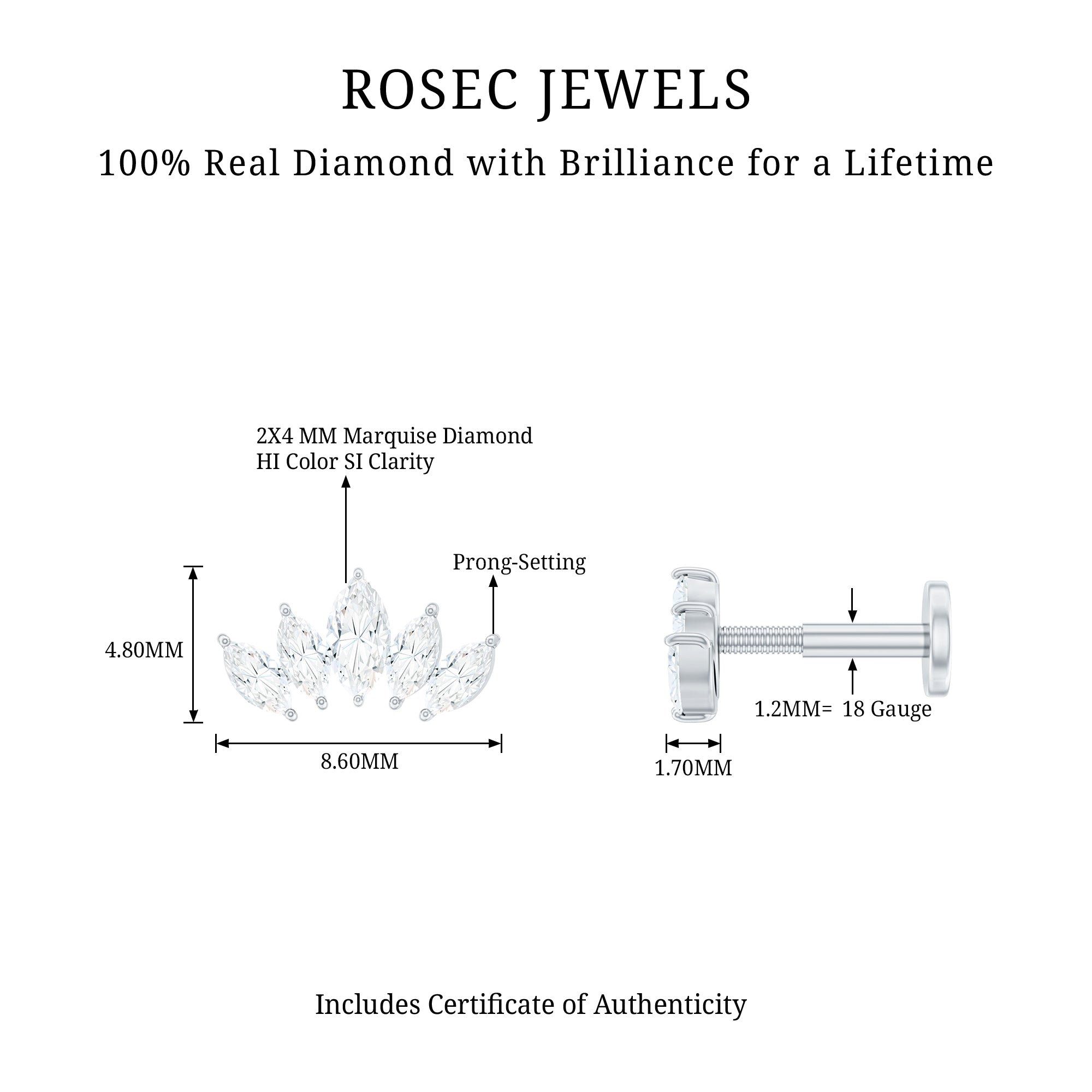 Certified Marquise Cut Diamond Helix Earring for Women Natural - ( HI-SI ) - Rosec Jewels