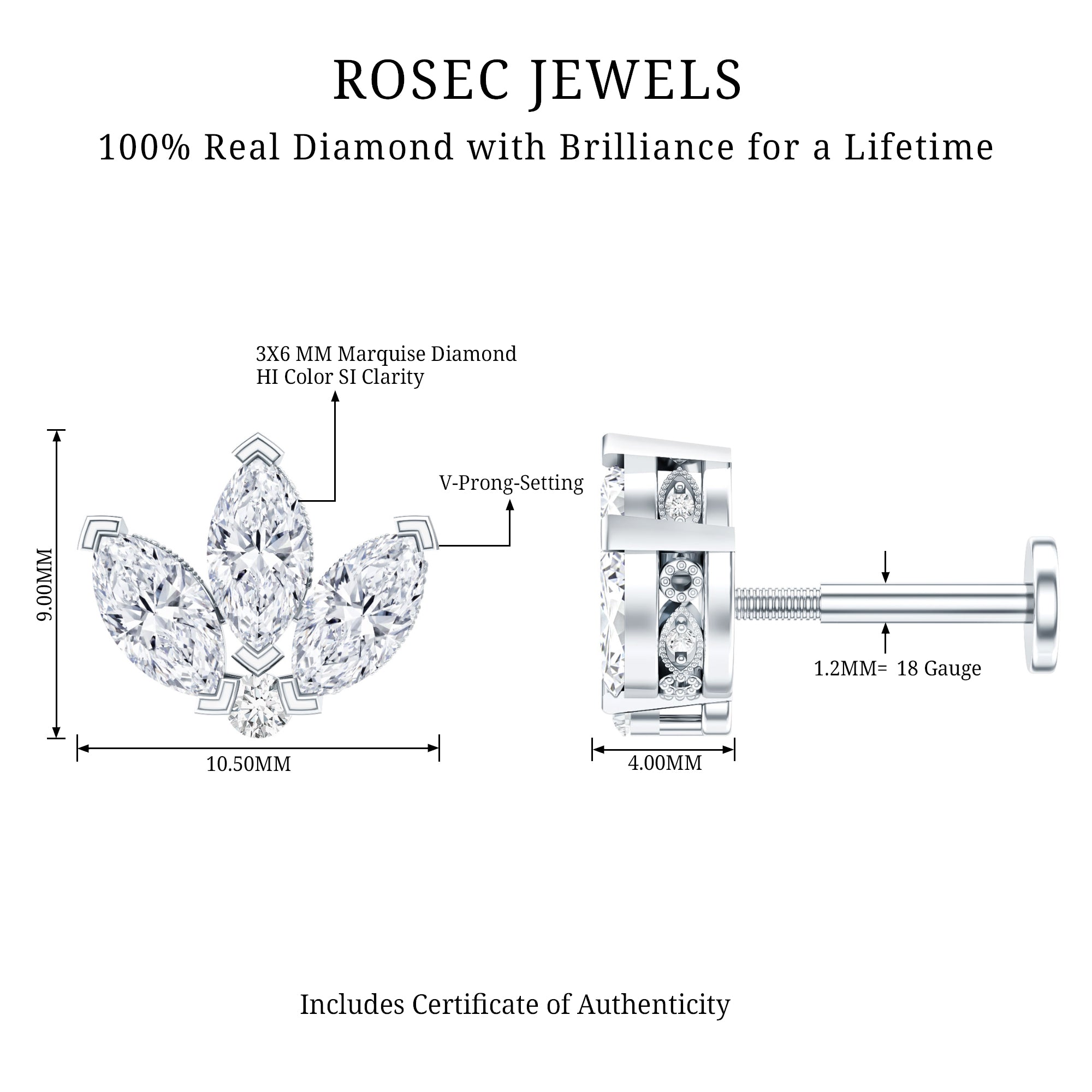 Marquise Diamond Lotus Flower Earring for Helix Piercing Natural - ( HI-SI ) - Rosec Jewels
