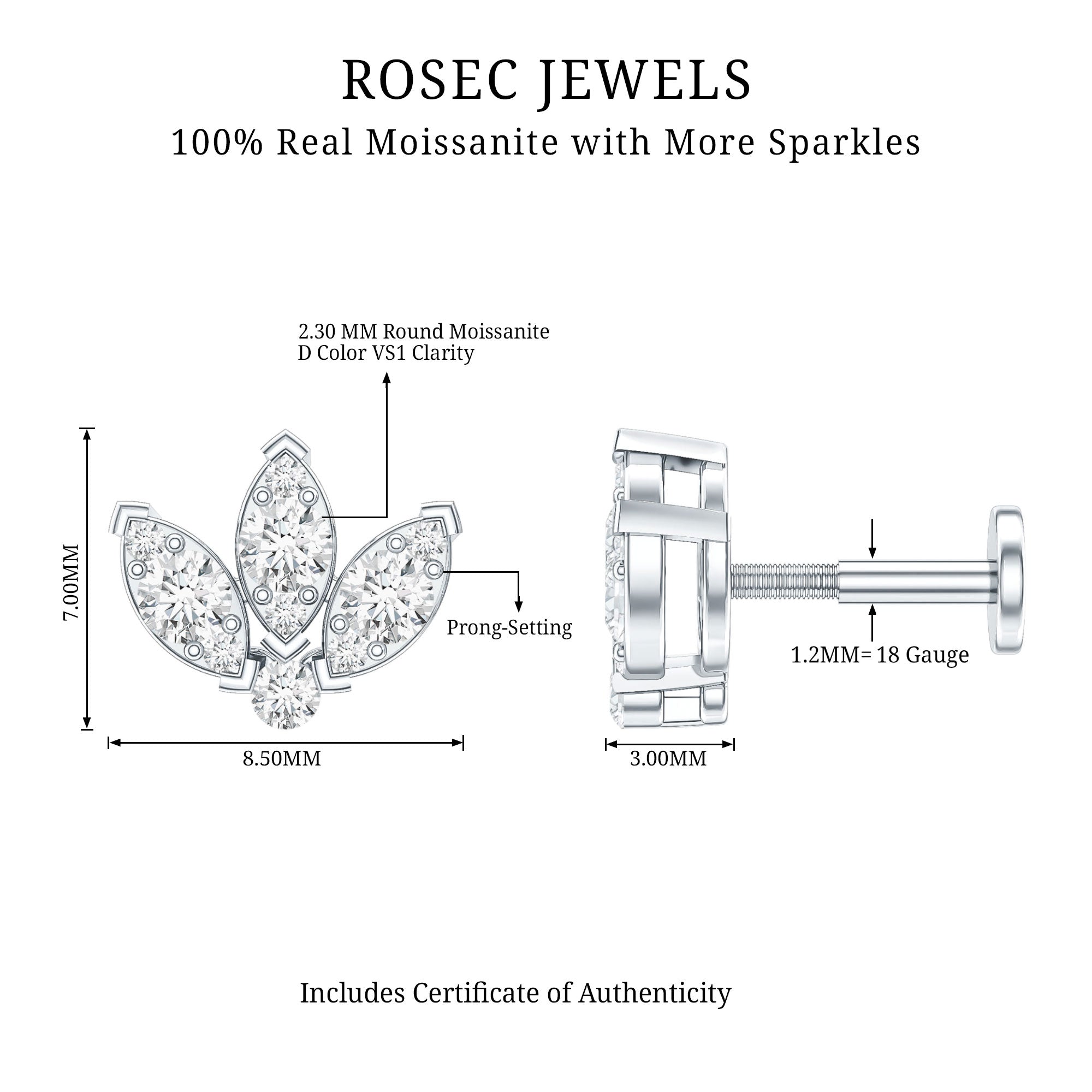 Certified Moissanite Lotus Earring for Cartilage Piercing D-VS1 - Rosec Jewels