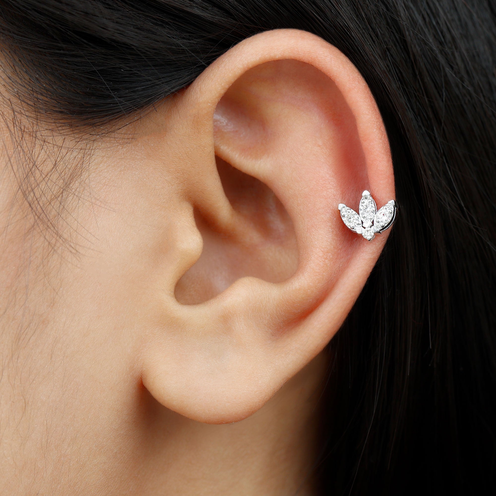 Certified Moissanite Lotus Earring for Cartilage Piercing D-VS1 - Rosec Jewels