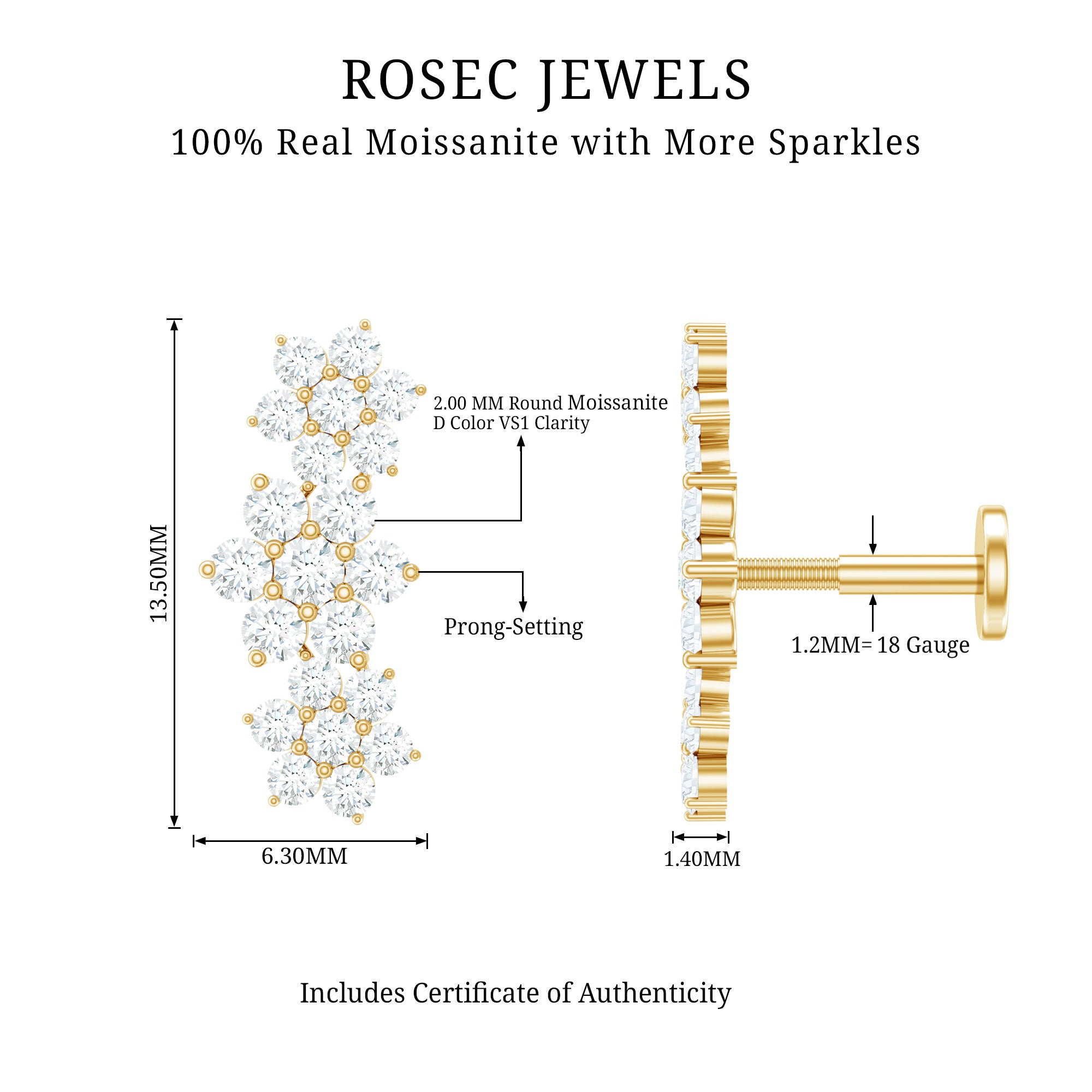 Certified Moissanite Flower Ear Climber Earring D-VS1 - Rosec Jewels