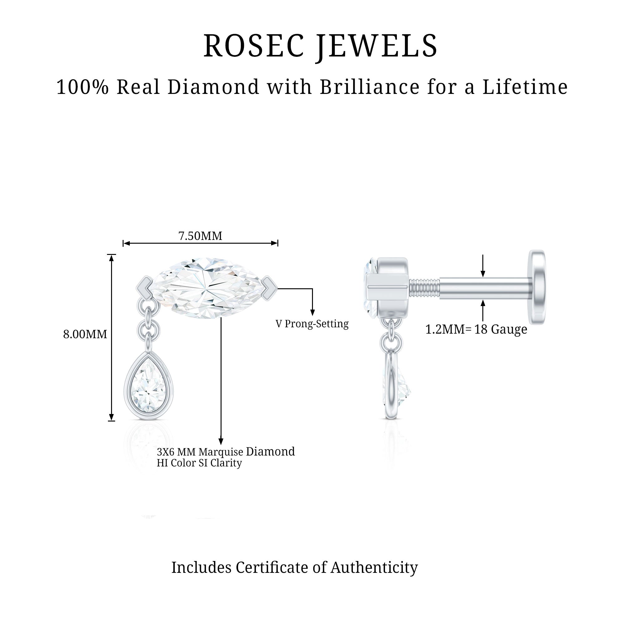 Real Marquise Diamond Cartilage Drop Earring Natural - ( HI-SI ) - Rosec Jewels
