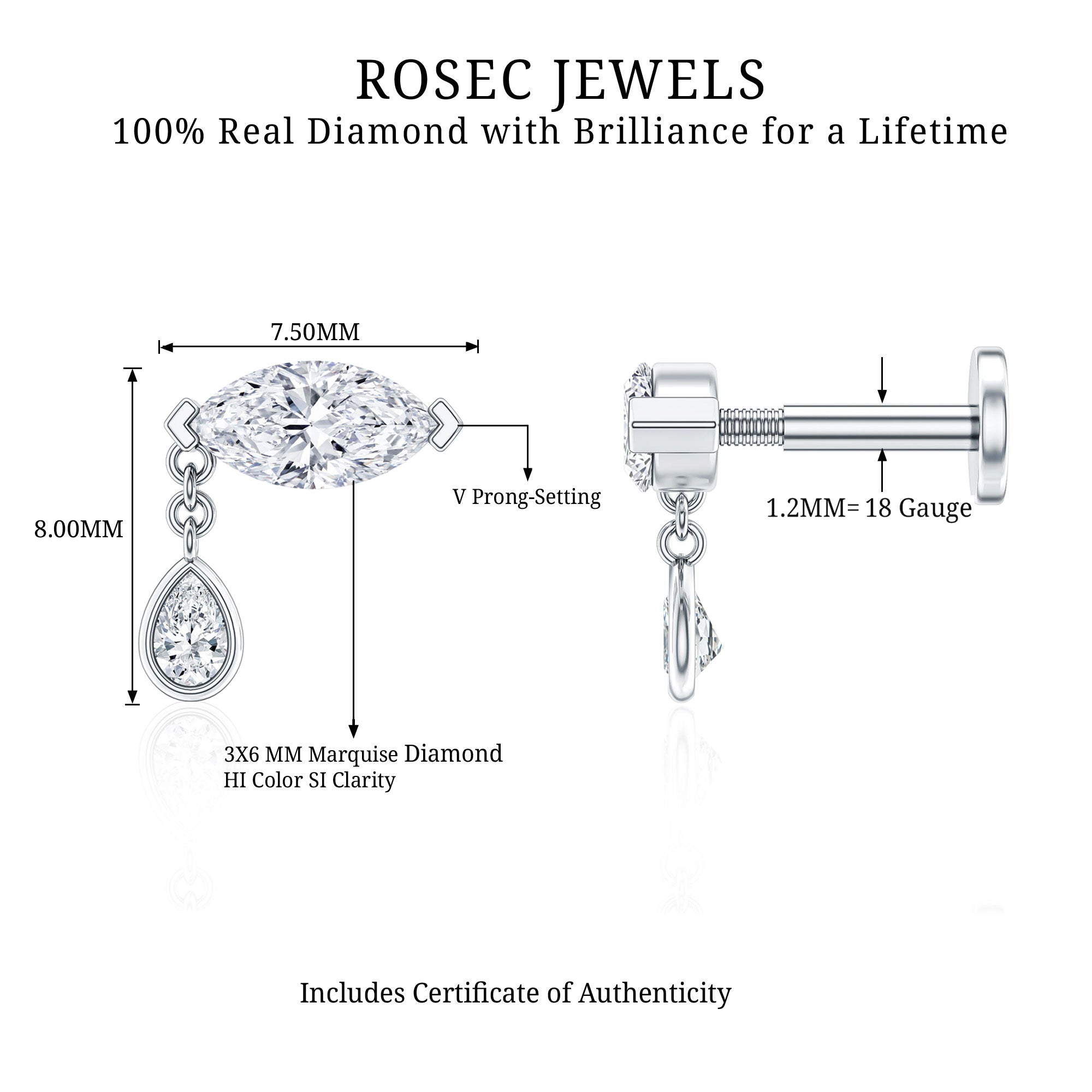 Real Marquise Diamond Cartilage Drop Earring Natural - ( HI-SI ) - Rosec Jewels