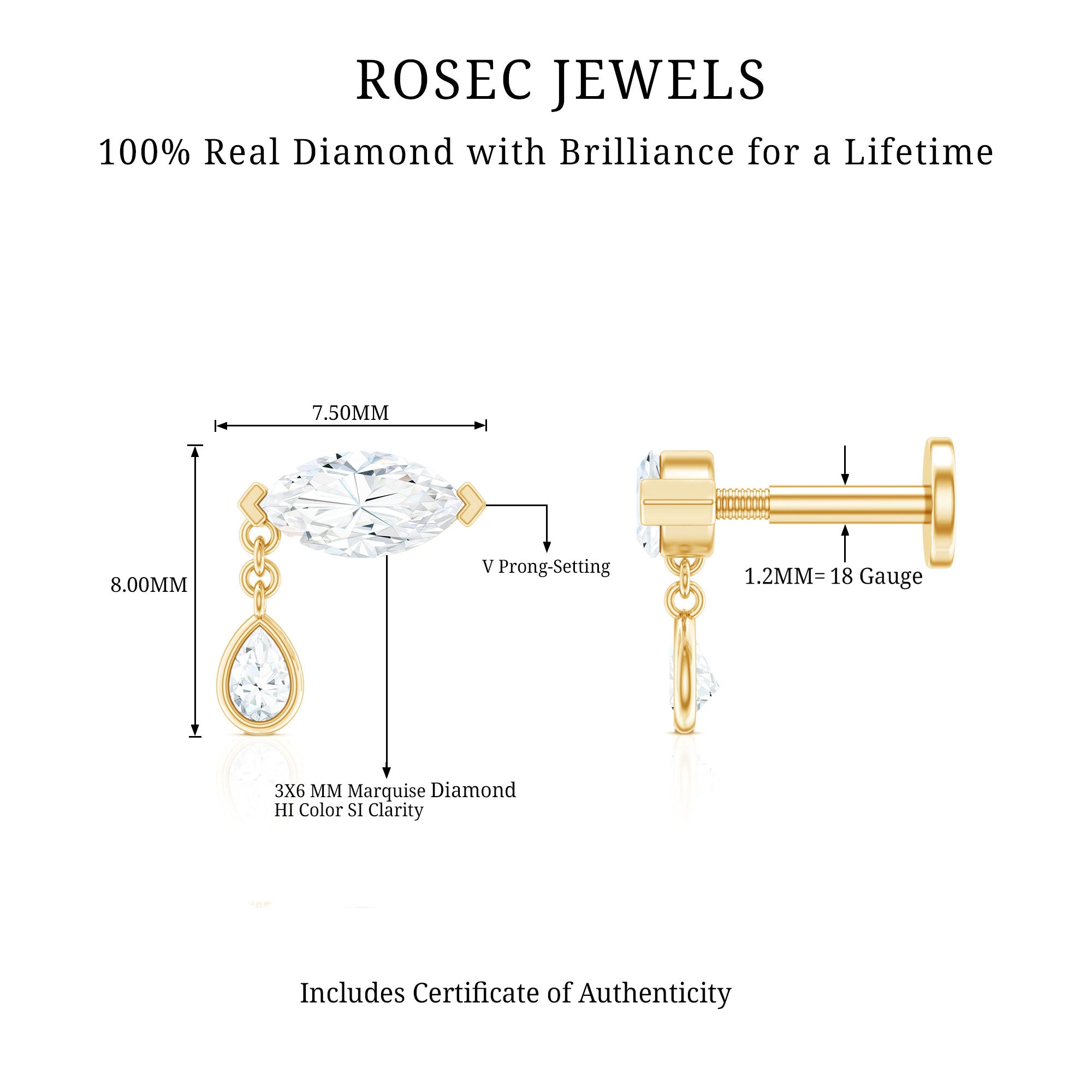 Real Marquise Diamond Cartilage Drop Earring Natural - ( HI-SI ) - Rosec Jewels